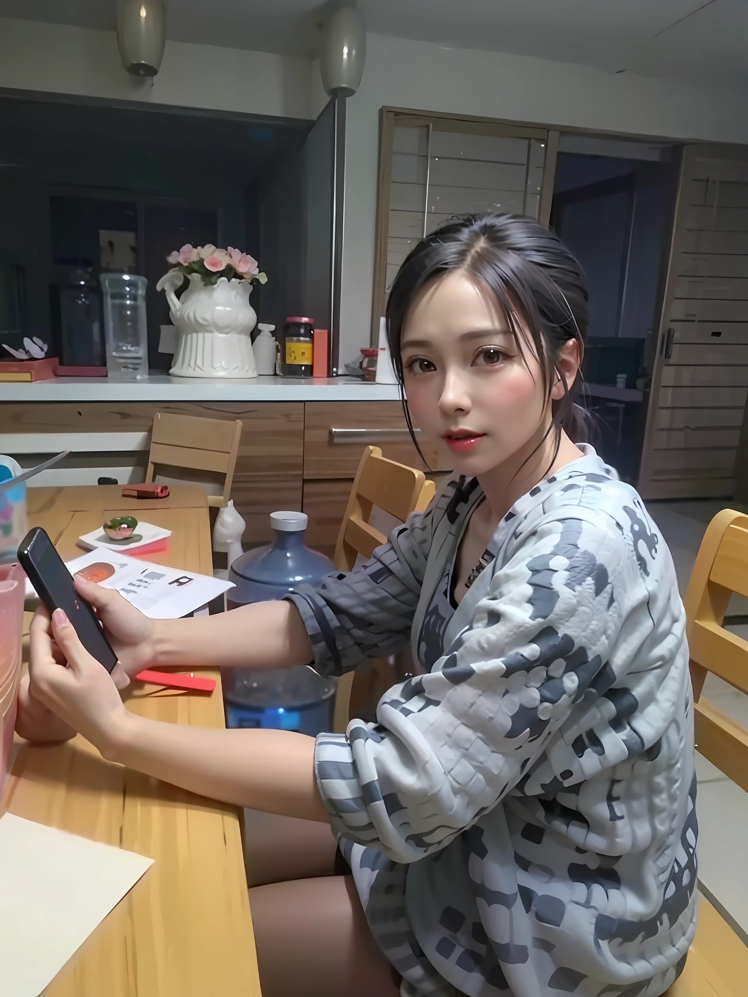 There was a woman sitting at a table,holding cell phone, chinese artist, photograph taken in 2 0 2 0, she is about 6 0 years old, Profile image, Chiba Yuda, profile photo, she is about 50 years old, dang my linh, Chiho Aoshima