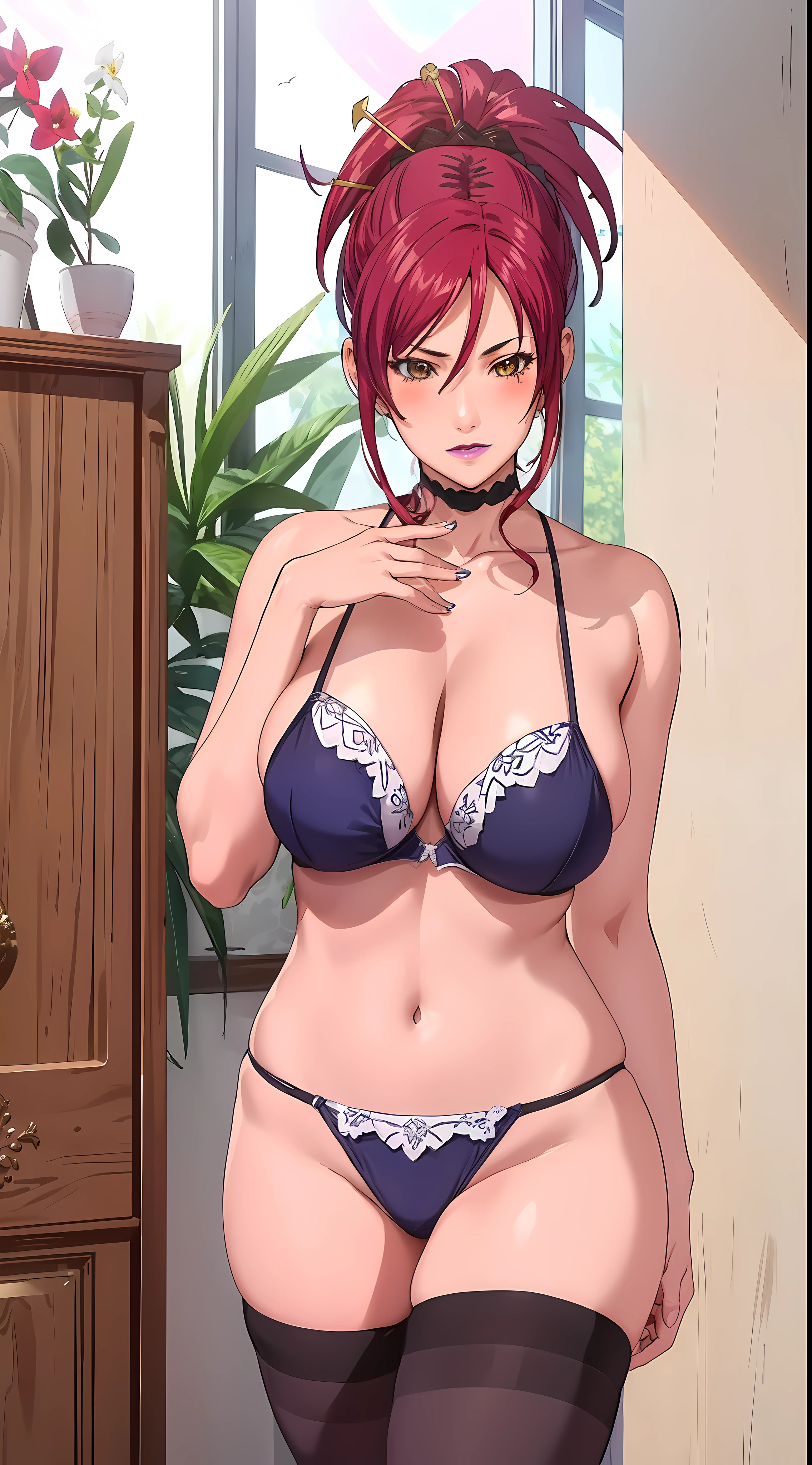 (beautiful hand:1.2), (masterpiece, best quality:1.3), marie mamiya, mature female, (full body shot:1.05), milf, (curvy:0.7), 1girl, anime face, bitch, no clothes, (thighhighs:1.05), makeup, large breasts, red lipstick, purple eyes, folded ponytail, red hair, cleavage, perfect body, (athletic body:1.1), perfect eyes, anime eyes, smoky eyeliner, eyeshadow, perfect face, caring face, glance, blush, high sharpness, sharp focus, mansion, professional artwork, intricate details, vivid colors, Diffused lighting, digital blending, ultra detailed body, ultra detail hair, ultra detail face, trending on pixiv, micro bikini, micro bra, perfect anatomy