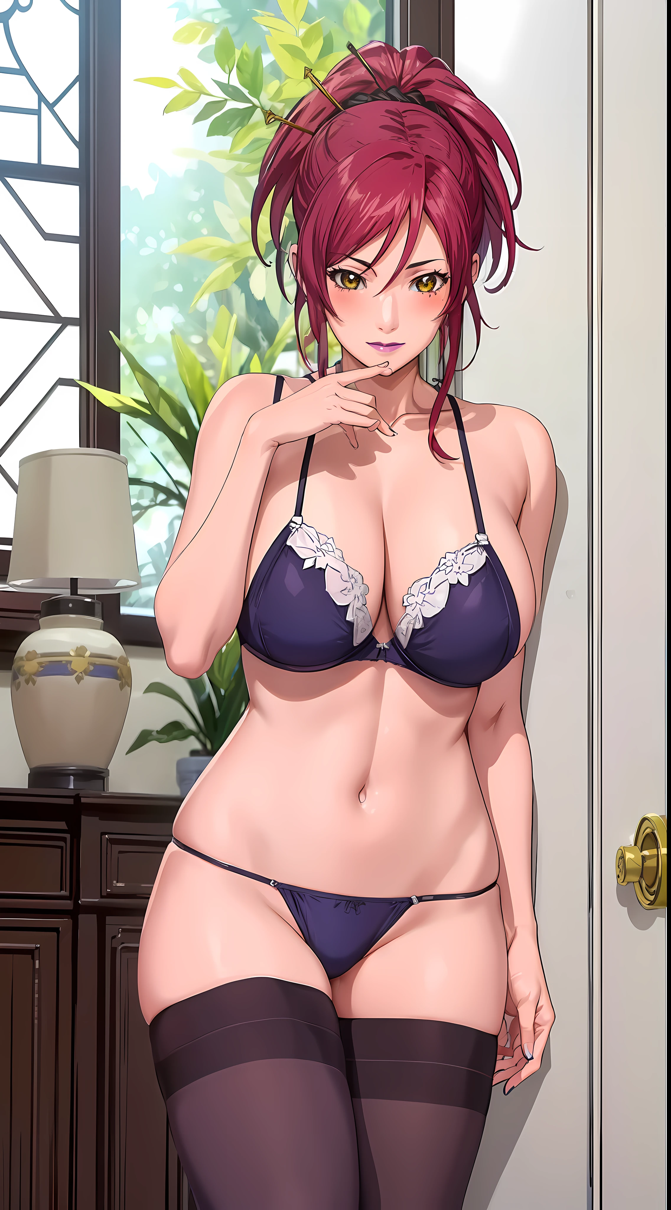 (beautiful hand:1.2), (masterpiece, best quality:1.3), marie mamiya, mature female, (full body shot:1.05), milf, (curvy:0.7), 1girl, anime face, bitch, no clothes, (thighhighs:1.05), makeup, large breasts, red lipstick, purple eyes, folded ponytail, red hair, cleavage, perfect body, (athletic body:1.1), perfect eyes, anime eyes, smoky eyeliner, eyeshadow, perfect face, caring face, glance, blush, high sharpness, sharp focus, mansion, professional artwork, intricate details, vivid colors, Diffused lighting, digital blending, ultra detailed body, ultra detail hair, ultra detail face, trending on pixiv, micro bikini, micro bra, perfect anatomy