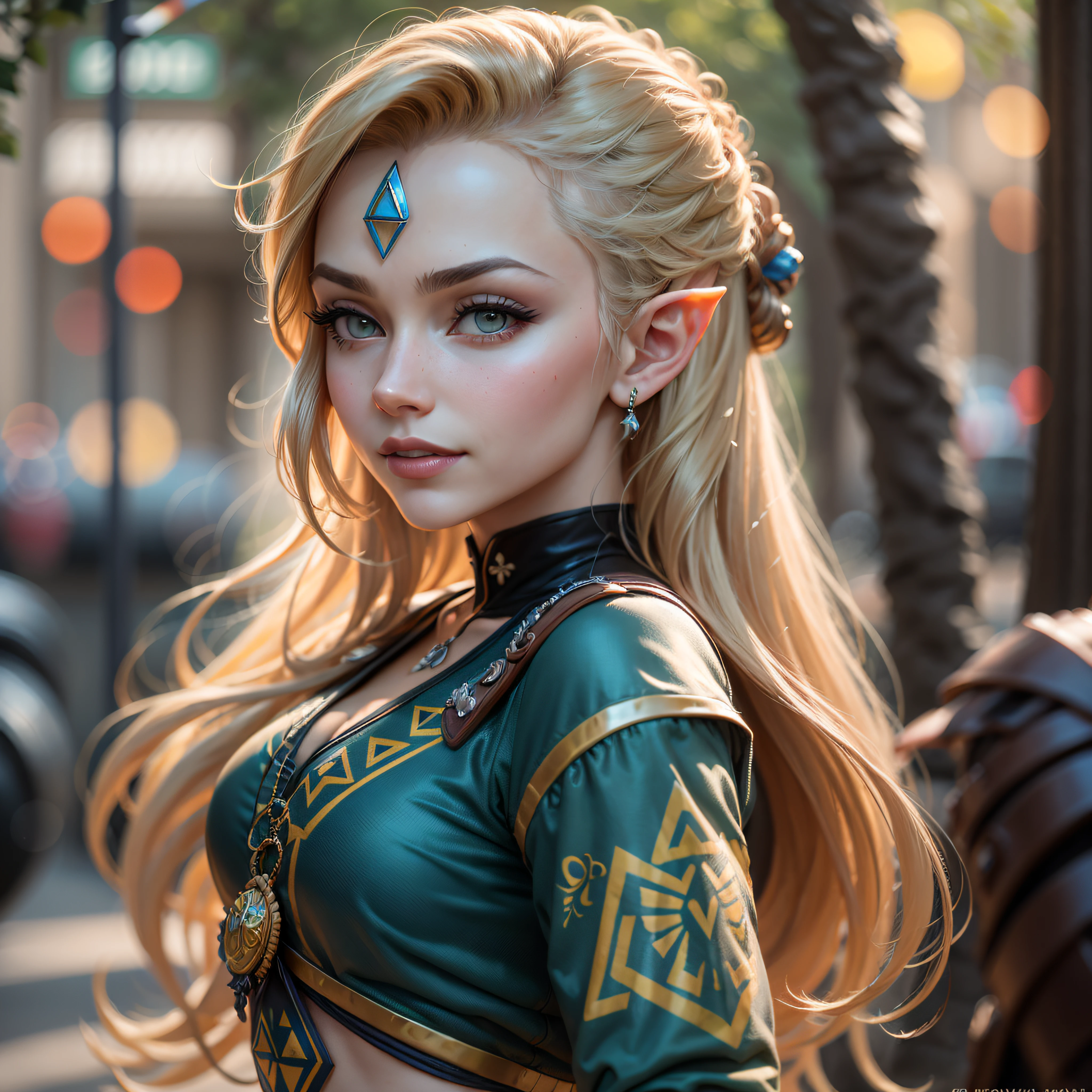 Mulher de cabelos loiros em roupa azul e bege segurando em poses de combate como em street fighter, lutando como em street fighter 2, guerreira, Zelda, Retrato de Zelda, de lenda de Zelda, Link da lenda de Zelda, link do Zelda, Fotos cosplay, Cosplay ornamentado, Cosplay profissional, Cosplay, Cosplay Completo, Artgerm Moody Fotografia, Princesa Zelda, Zelda como Triforce, Hyrule, Anime Garota Cosplay, ray-traced, 3d-render, extremanente detalhado, alta qualidade, Luz e sombra realistas, cabelos loiros, eye reflection, Sorriso leve, ray tracing, ray tracing, High detail, realismo, hiper-realismo, profundidade de campo, cinematic lighting, desfoque de movimento, brilho, luz brilhante, raios de deus, ray tracing, reflection light, Afterimage, multiple views, Reflexo da lente, Bokeh, 4k, UHD, Masterpiece, anatomicamente correto, pele texturizada, Super Detalhe, alta qualidade, best quality, 8k