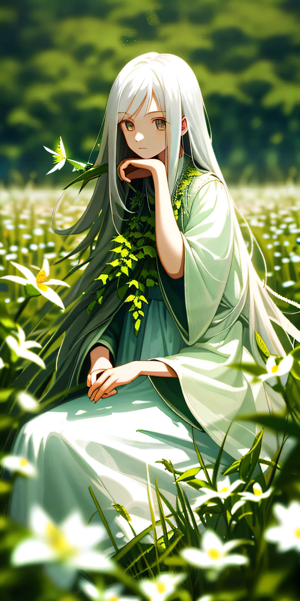 (masterpiece, best quality),1girl with long white hair sitting in a field of green plants and flowers, her hand under her chin, warm lighting, white dress, blurry foreground