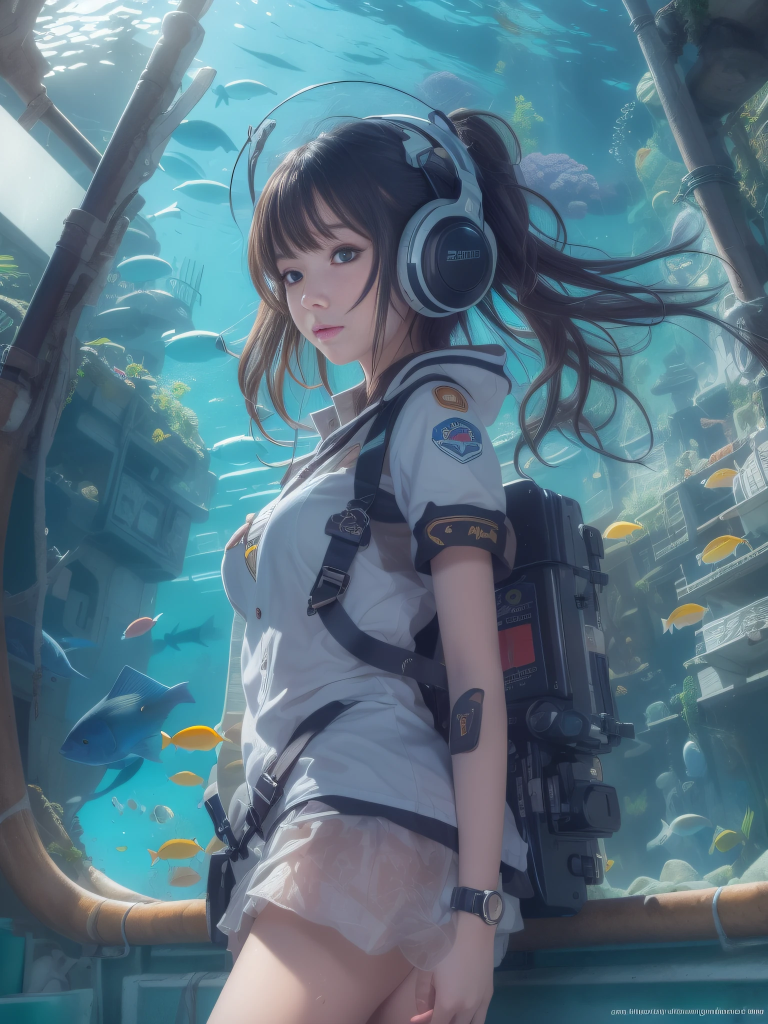 (RAW Photos:1.2),(Photorealsitic:1.4),(​masterpiece:1.3),(top-quality:1.4),超A high resolution,nffsw、8K分辨率, Anatomically correct,Anime girl in uniform with computer and headset, portlate,Deep Sea Cadet Girl, digital anime illustration, jet black haired cyberpunk girl, Future Girl, an underwater city, Underwater city, Masterpiece underwater scene, futuristic underwater metropolis, underwater environment, full body Esbian, cyber school girl,20 years girl,digital art in anime style,Through a large window、Offers views of the seabed。In the water、Beautiful coral reef sways gracefully、Fish swimming freely, digital anime art,SF submarine base,View of the seabed from large windows,((small tits)),eye glasses,