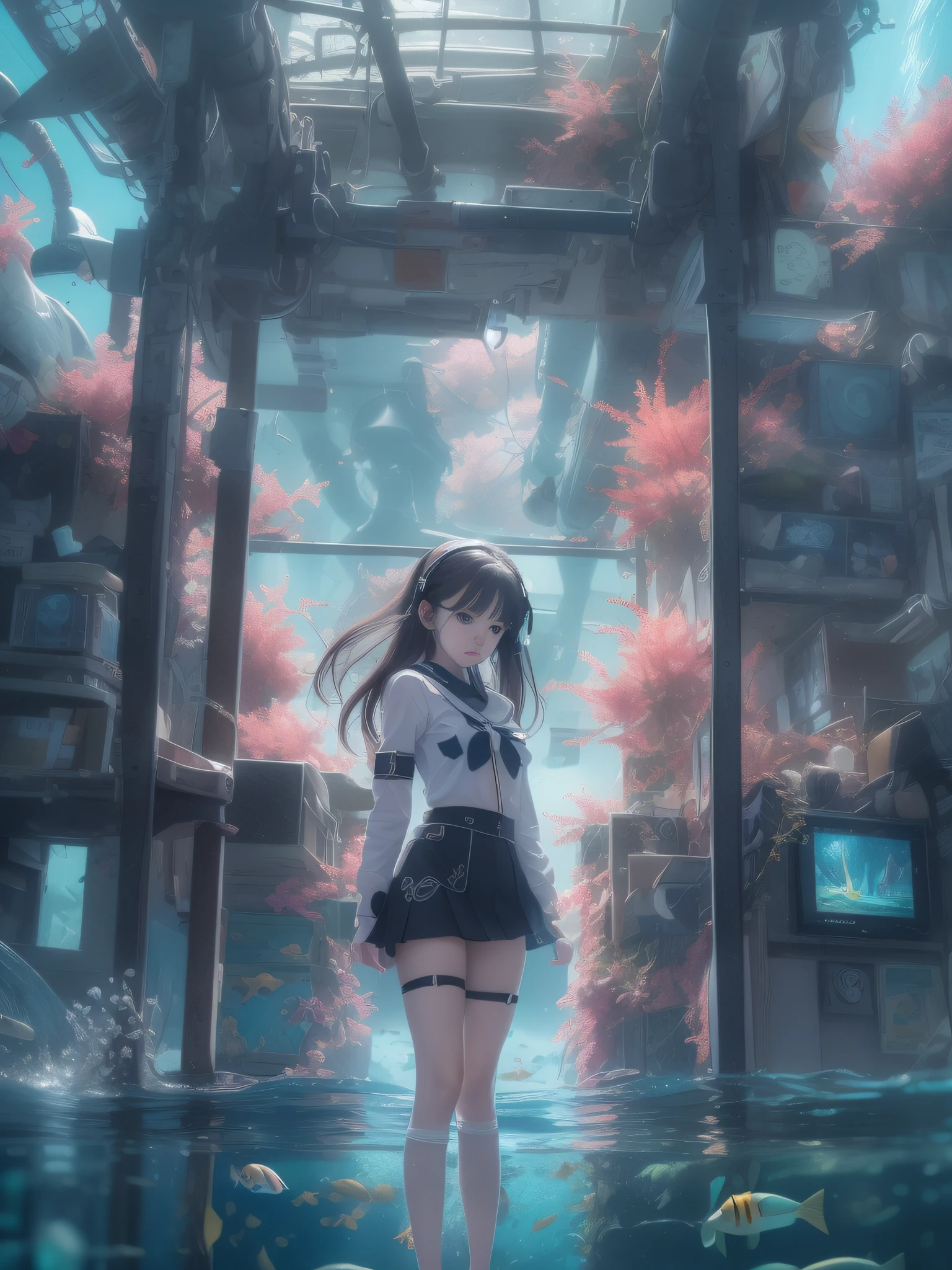 (RAW Photos:1.2),(Photorealsitic:1.4),(​masterpiece:1.3),(top-quality:1.4),超A high resolution,nffsw、8K分辨率, Anatomically correct,Anime girl in uniform with computer and headset, portlate,Deep Sea Cadet Girl, digital anime illustration, jet black haired cyberpunk girl, Future Girl, an underwater city, Underwater city, Masterpiece underwater scene, futuristic underwater metropolis, underwater environment, full body Esbian, cyber school girl,20 years girl,digital art in anime style,Through a large window、Offers views of the seabed。In the water、Beautiful coral reef sways gracefully、Fish swimming freely, digital anime art,SF submarine base,View of the seabed from large windows,((small tits)),eye glasses,