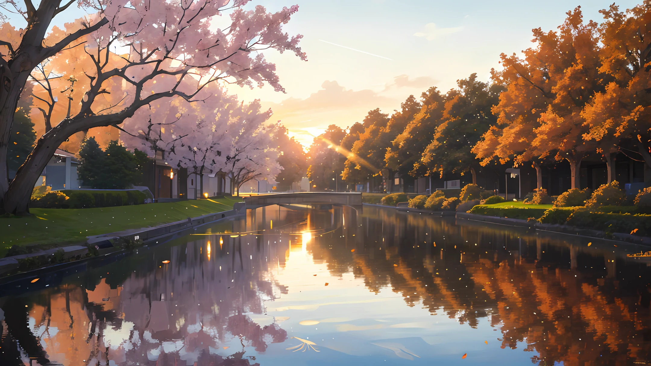 late autumn,Great plane tree,River reflection,Microwave sparkling,Golden sunset