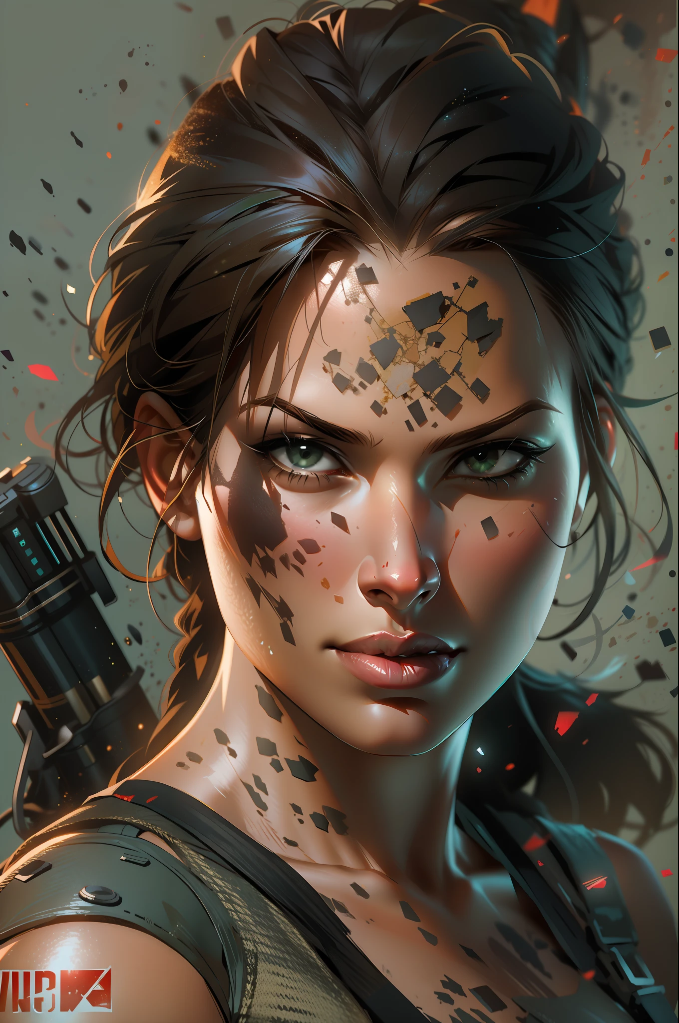 nijistyle, portrait of lara croft, particles, simple background