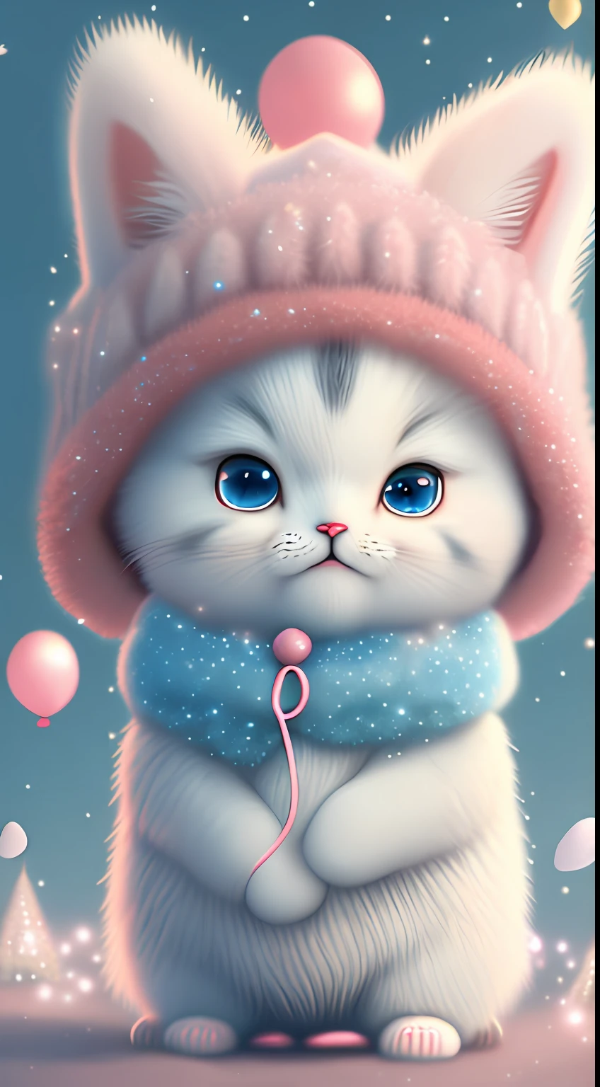 In this ultra-detailed CG art,Cute kittens surrounded by ethereal balloons,laughingly,blingbling,red colour,Best quality at best,A high resolution,Complicated details,fanciful,cute animal,Funny,Open-mouthed!!!,laughingly!!
