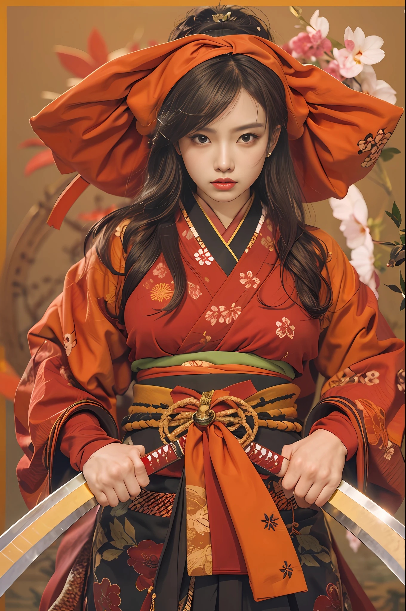 Beautiful female samurai in red kimono, Capture strength and grace, Backgrounds that highlight characters, Japanese Katana Sword, Courage and beauty