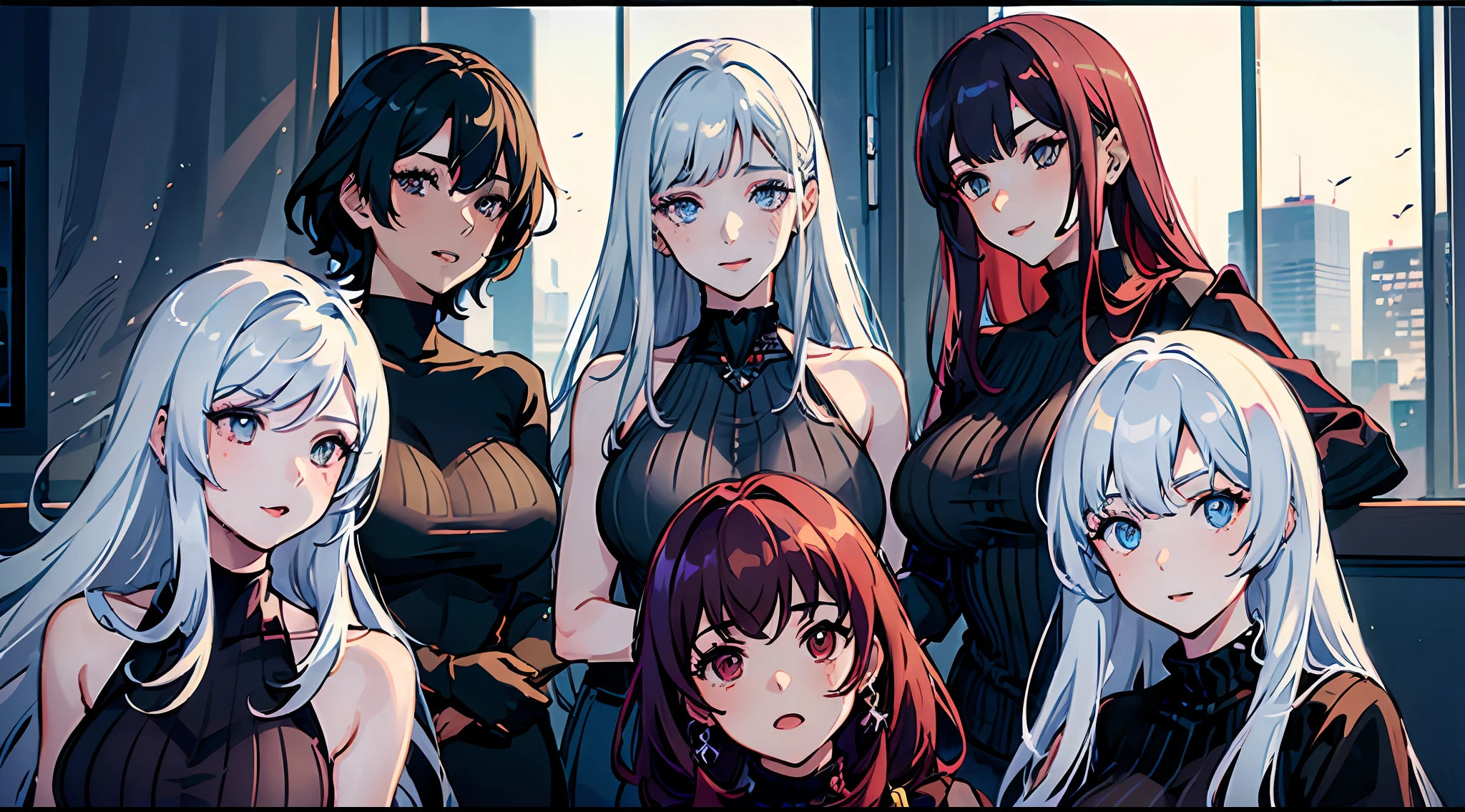 (9 women:2)，Long hair，Being in the room，different colored hair，Wear turtlenecks，modern urban，In front of the camera，looking at viewert，exquisite facial features，Clear facial expressions，High Quality Anime Art Style