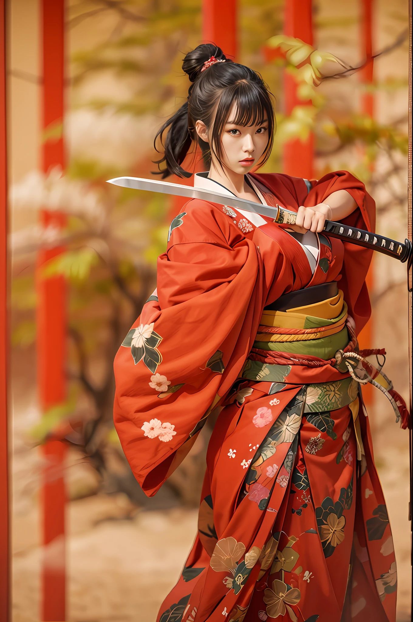Beautiful female samurai in red kimono, Capture strength and grace, Backgrounds that highlight characters, Japanese Katana Sword, Courage and beauty