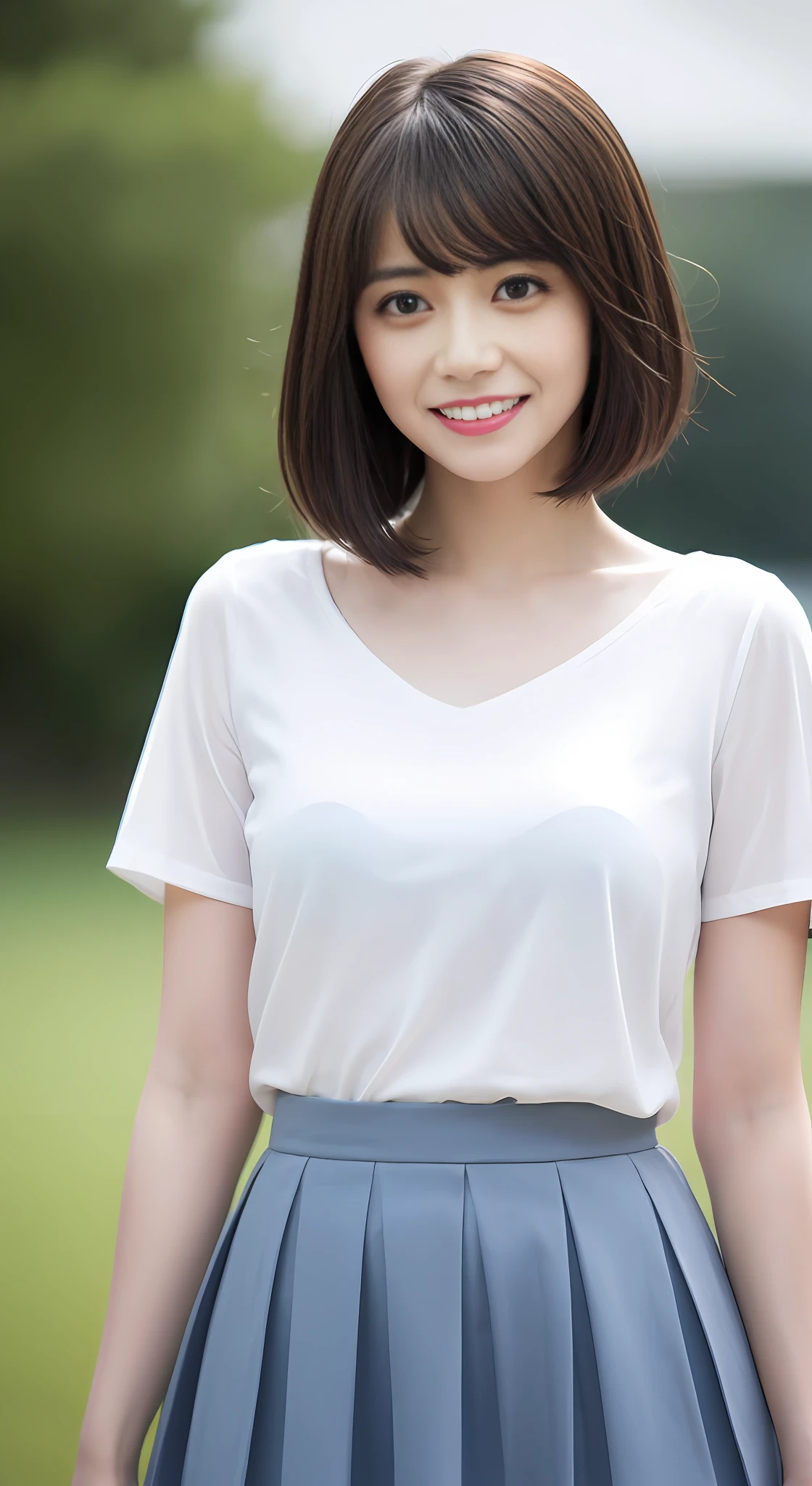Highly detailed 8K wallpapers),Clear focus,A detailed,dramatics,delicate beautiful schoolgirl,Amazing,prette,Sheer white lining,Dark blue pleated miniature miniature,light brown short hair,Raised sexy,ssmile,blur backgroun,Beautiful graphics,showing whole body,short detailed hair,shyexpression,pleatedskirt