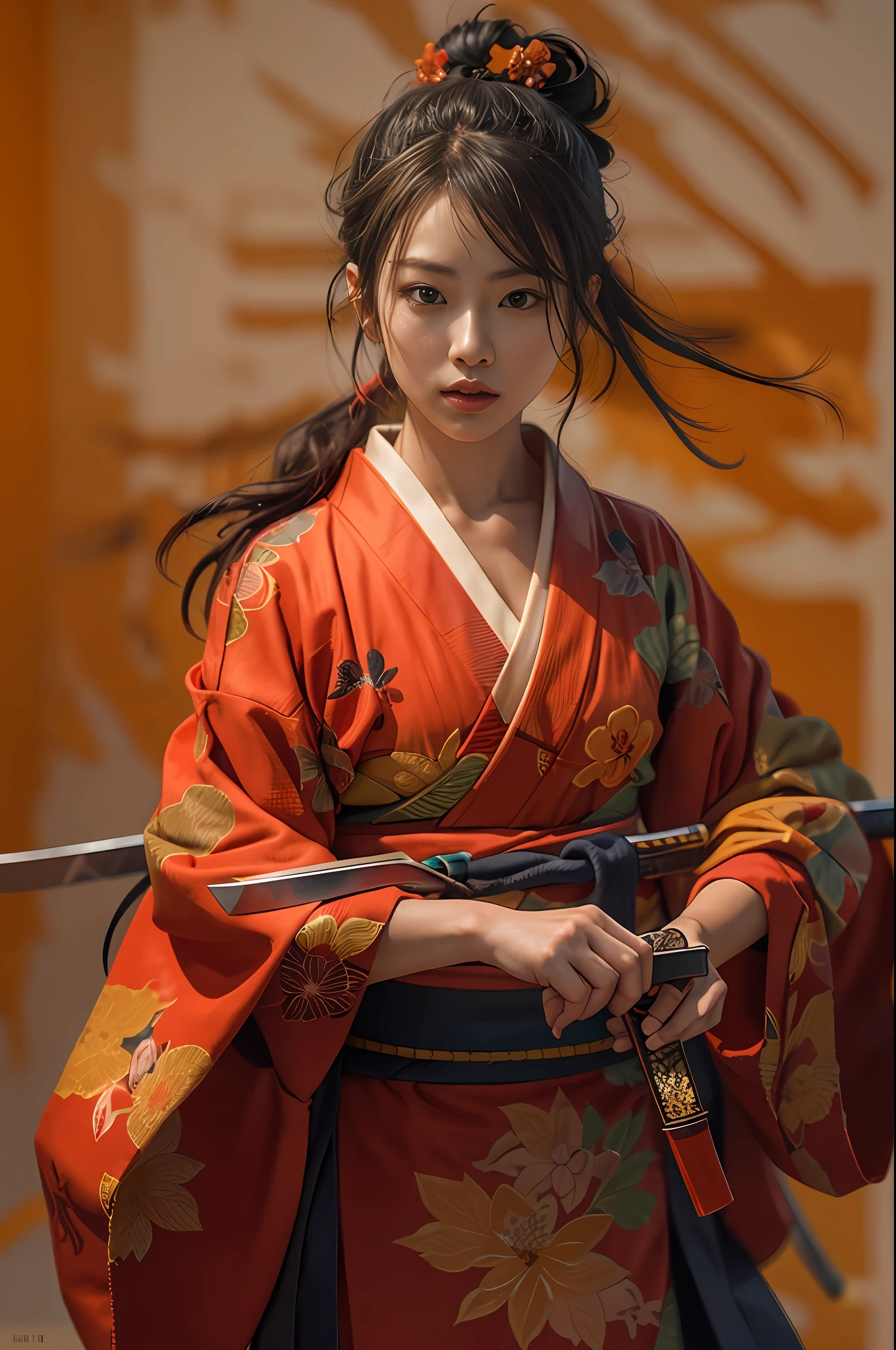 Beautiful female samurai in red kimono, Capture strength and grace, Backgrounds that highlight characters, Japanese Katana Sword, Courage and beauty