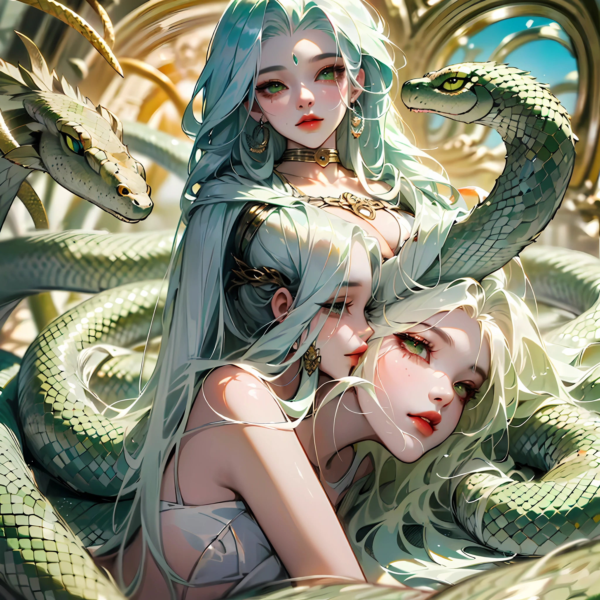 ((best quality)), ((masterpiece)), ((realistic)), Medusa, full body, hair is composed of numerous small snakes, green eyes, female face, top carved metal, real aura, trend in artstation, sharp focus, studio photo, intricate detail, very detailed, detailed eye, illustration, very detailed, sharp focus, digital rendering, professional, 16k, snake hair