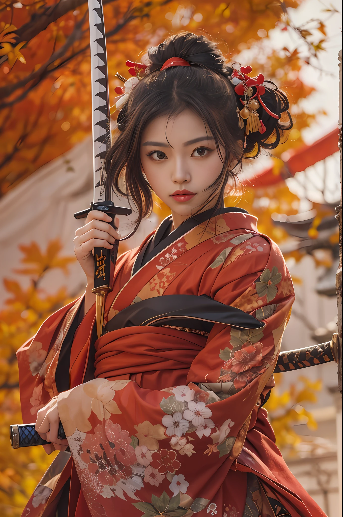 Beautiful female samurai in red kimono, Capture strength and grace, Backgrounds that highlight characters, Japanese Katana Sword, Courage and beauty