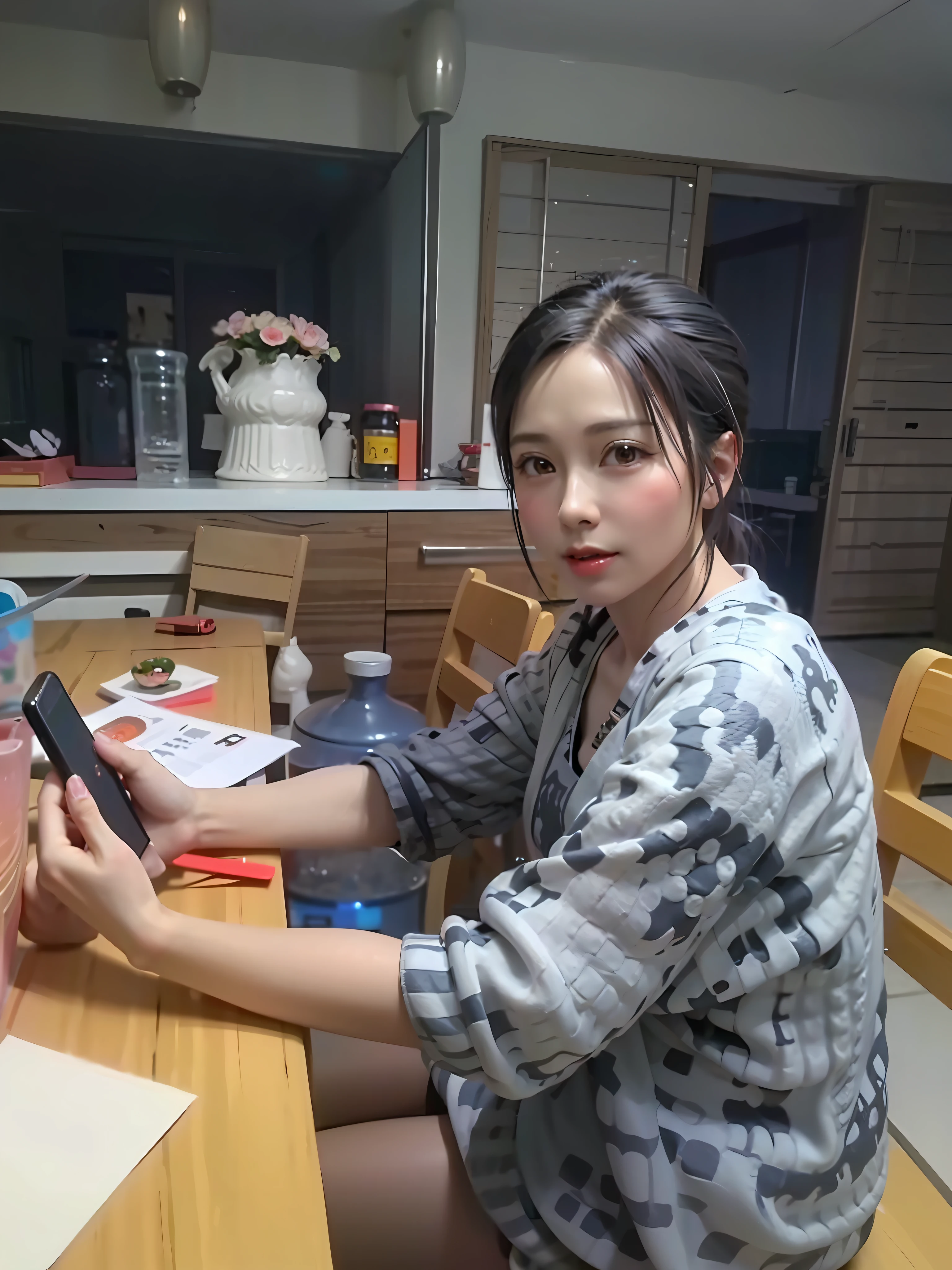 There was a woman sitting at a table,holding cell phone, chinese artist, photograph taken in 2 0 2 0, she is about 6 0 years old, Profile image, Chiba Yuda, profile photo, she is about 50 years old, dang my linh, Chiho Aoshima
