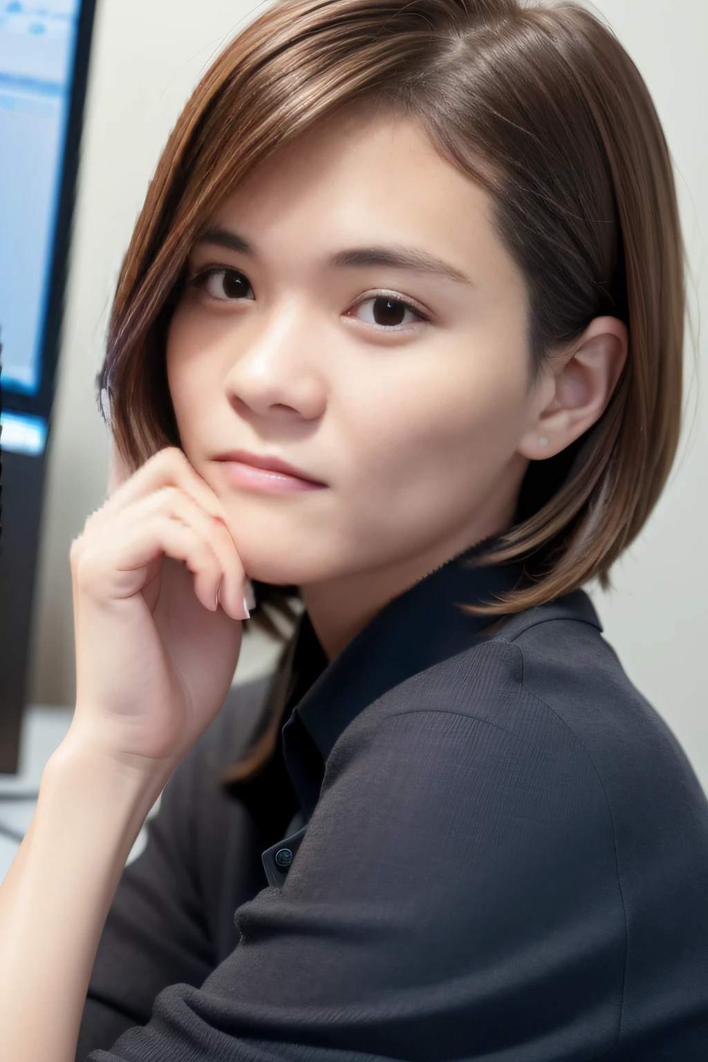 (8k, best quality, masterpiece:1.2), (realistic, photo-realistic:1.37), ultra-detailed, 1 girl,cute, solo,beautiful detailed sky,detailed office,night,sitting,(nose blush),(smile:1.15),(closed mouth) , medium breasts,beautiful detailed eyes,(collared shirt:1.1), night, wet,business attire, rain, (short hair:1.2), pureerosface_v1, computer, detail finger, beautiful detailed face,