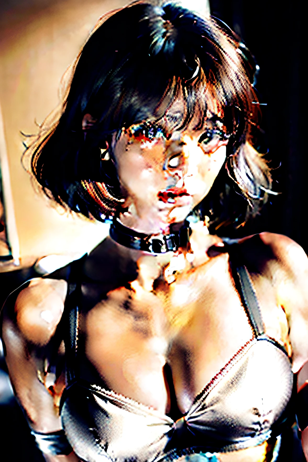 best qualtiy, 超高分辨率, (真实感:1.4), 1woman, White bra Black thong, Black collar, ((eye glass)), (Kpop idol), (aegyo sal:1), (Platinum blonde hair gray hair:1), ((puffy eye)), looking at viewert,(nsfw),heavy breath,{gasps},trembling,{Delicate lip makeup},full bodyesbian
