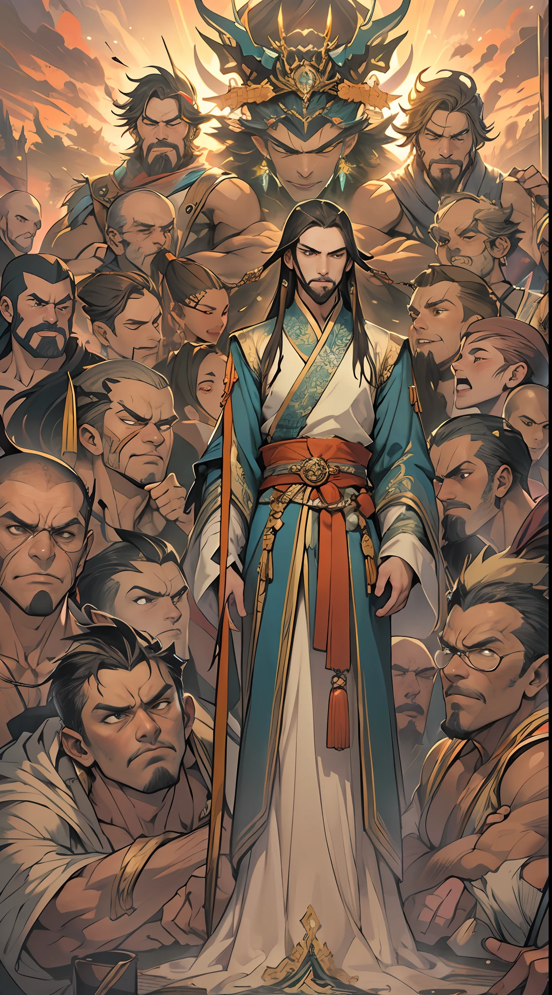 A group of young and energetic people gathered together, with a strong aura emanating from them. Among them, Li Gu stands tall and straight, with eyes shining with determination. Representatives of the eight major forces stand in the distance, looking at them with contempt and disdain, , 32k, best quality, masterpiece, super detail, high details