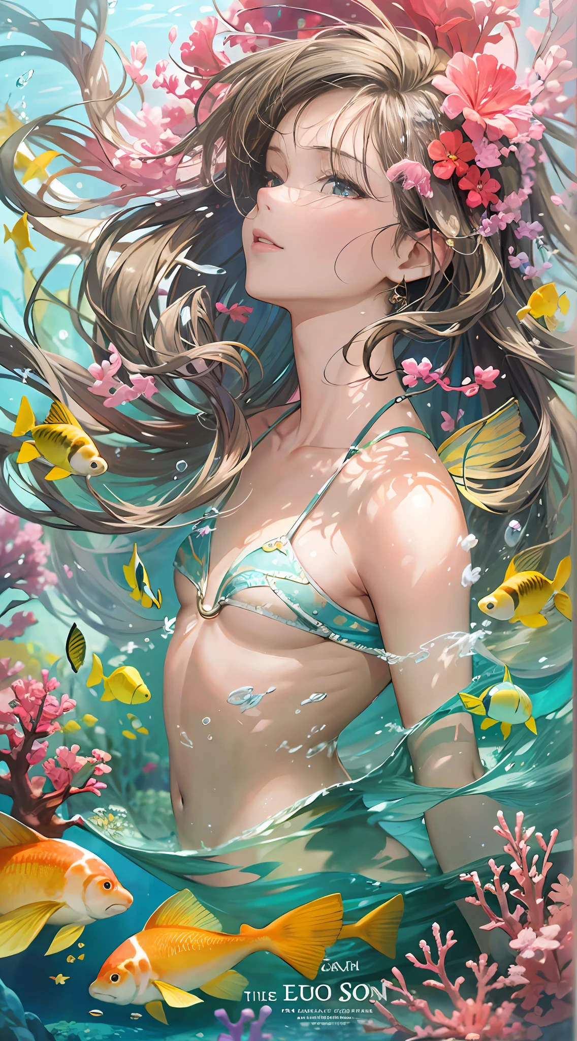 ((tmasterpiece)), ((Best quality)), Real and detailed mermaids swimming under the sea，Wearing a shell bikini，Spectacular coral beds under the sea，Surrounded by interesting schools of fish，The sun crosses the sea，Reflecting the beautiful and moving marine world，Hidden treasures are desirable，Timeless charm is fascinating。The watercolor style makes the picture more artistic，The realistic composition of the picture brings an immersive feeling，The vibrant underwater environment is overwhelming