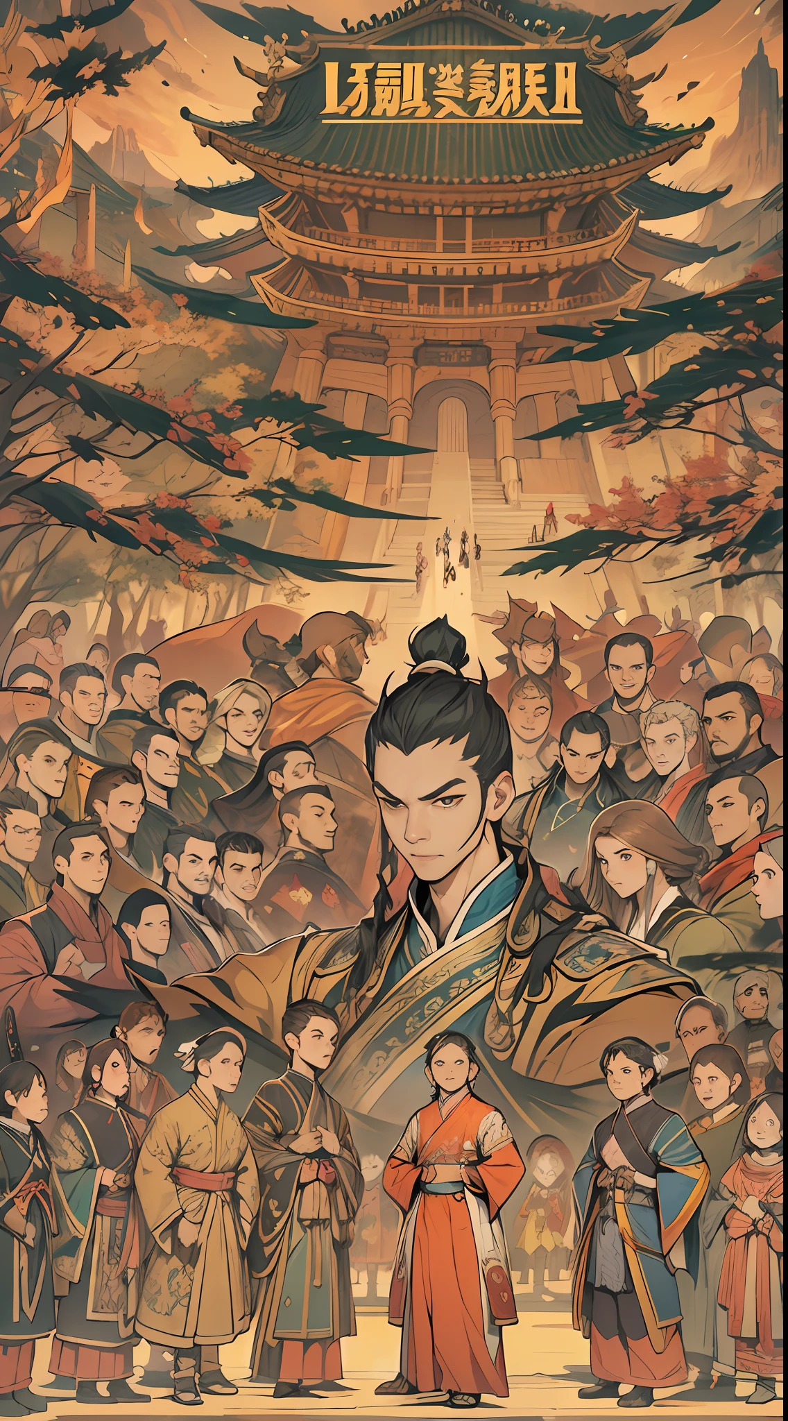 A group of young and energetic people gathered together, with a strong aura emanating from them. Among them, Li Gu stands tall and straight, with eyes shining with determination. Representatives of the eight major forces stand in the distance, looking at them with contempt and disdain, , 32k, best quality, masterpiece, super detail, high details