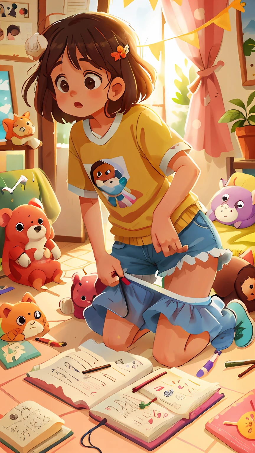 Aquarela. Menina loira, assustada, de joelhos, vista de costas, olhando para baixo, corpo inteiro, the bottom is a bedroom with a bed stuffed animals scattered on the floor, claro, qualidade perfeita, (mess-house: 0.8), (obra-prima: 1.2) (Realista: 1.2) (Bokeh) (Melhor qualidade) (Pele detalhada: 1.3) (Detalhes intrincados) (8K) (Olhos de detalhe) (foco nítido), (espantada)