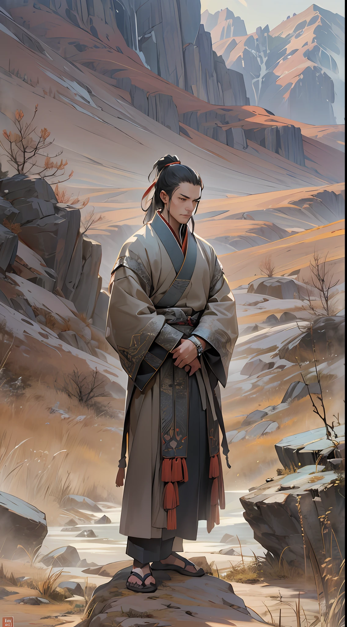A solitary figure standing in a desolate valley, surrounded by barrenness and coldness. Li Gu wears tattered clothes, with a determined and resolute expression on his face. He holds himself as if protecting something precious, , 32k, best quality, masterpiece, super detail, high details