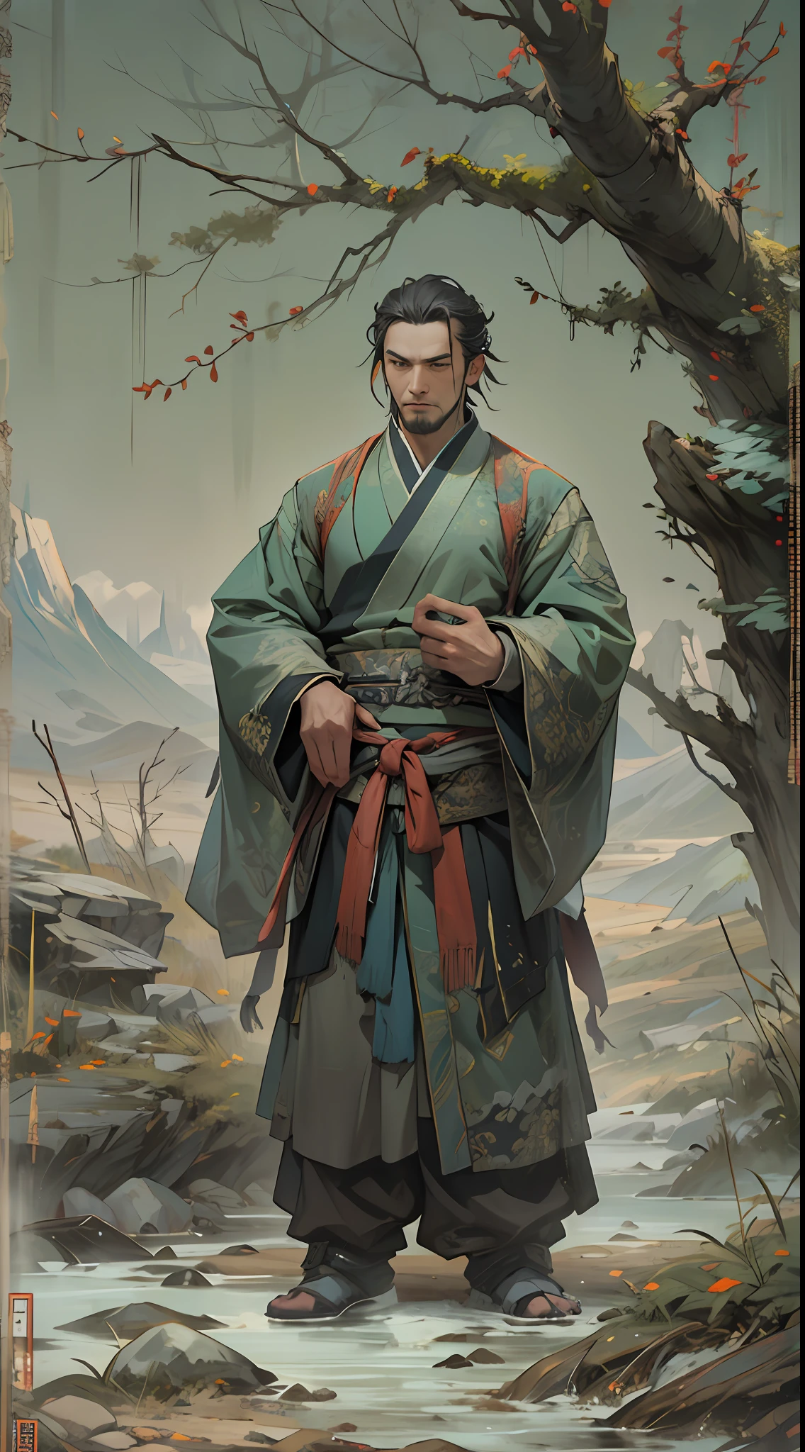 A solitary figure standing in a desolate valley, surrounded by barrenness and coldness. Li Gu wears tattered clothes, with a determined and resolute expression on his face. He holds himself as if protecting something precious, , 32k, best quality, masterpiece, super detail, high details