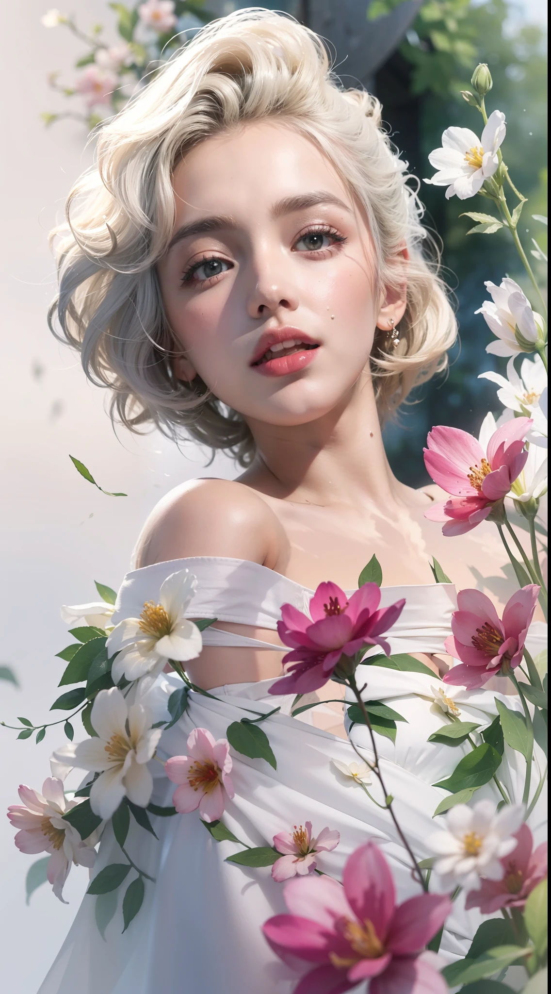 Marilyn Monroe stechu,(white background:1.4), off shoulder, ((tachi-e)), original,(illustration:1.1),(best quality),(masterpiece:1.1),(extremely detailed CG unity 8k wallpaper:1.1), (colorful:0.9),(panorama shot:1.4),(solo:1.2), (ink splashing),(color splashing),((watercolor)), clear sharp focus,{ 1girl standing },,flower background,outdoors,rocks, looking at viewer, make happy expressions,soft smile,pure,beautyfull detailed face and eyes,beautyfull intricacy clothing decorative pattern details, black hair,black eyes,colorwater