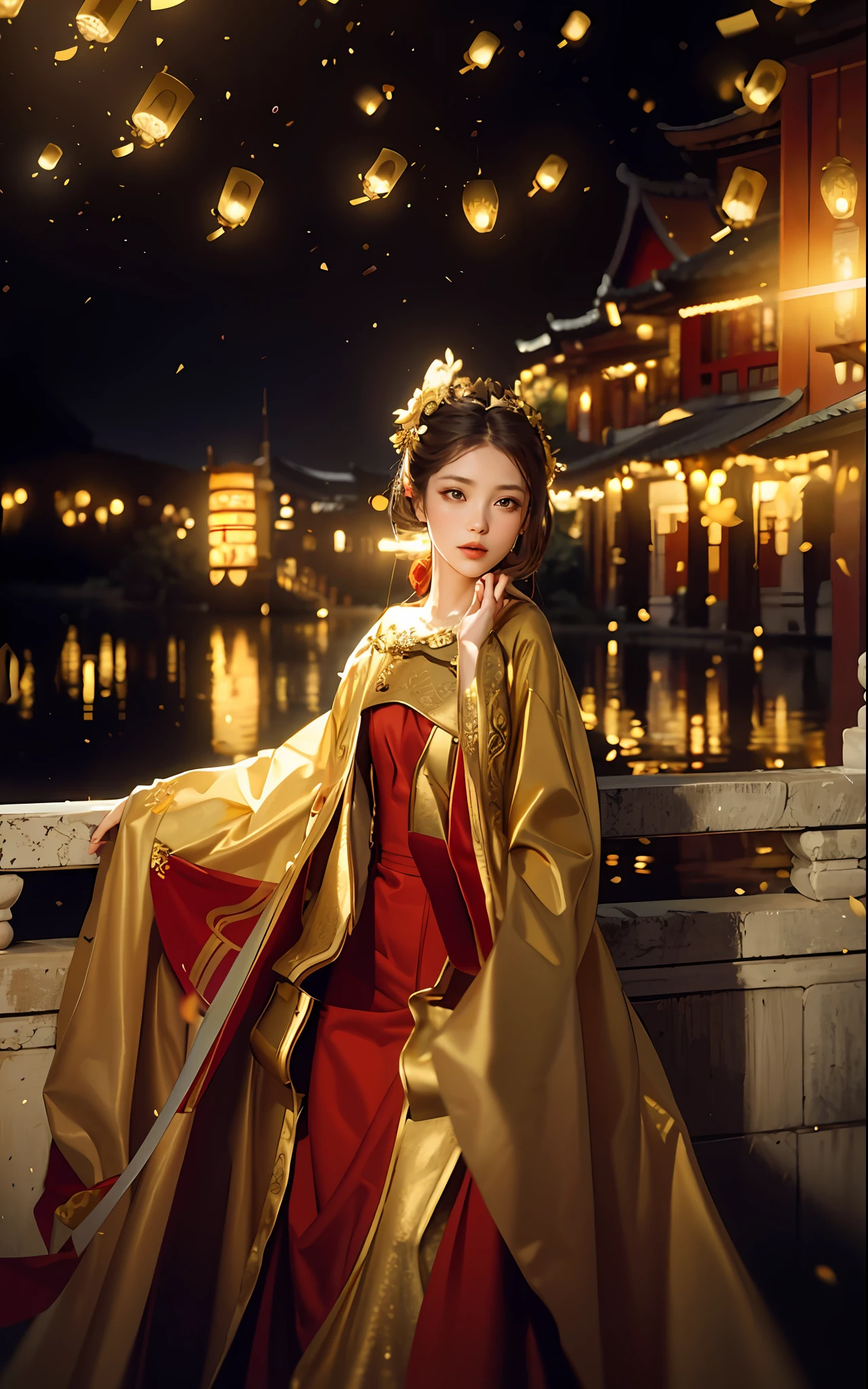 best quality, masterpiece, highres, (exquisite body:1.5),gorgeous face,(milky skin:1.3),intricate details,high resolution,wallpaper,
1girl, solo, dress, hair ornament, (((gold and red dress))), flowers, long hair, brown hair, closed mouth, jewelry, long sleeves, hand up, wide sleeves, big eyes,floating hair, chinese clothes, hanfu, embroidery, long skirt, natural pose, falling petals, indoor,fanning, lantern,
16K,HDR,highres,depth field,(film grain:1.1),boken,golden hour,(lens flare),vignette,rainbowing,(color grading:1.5)