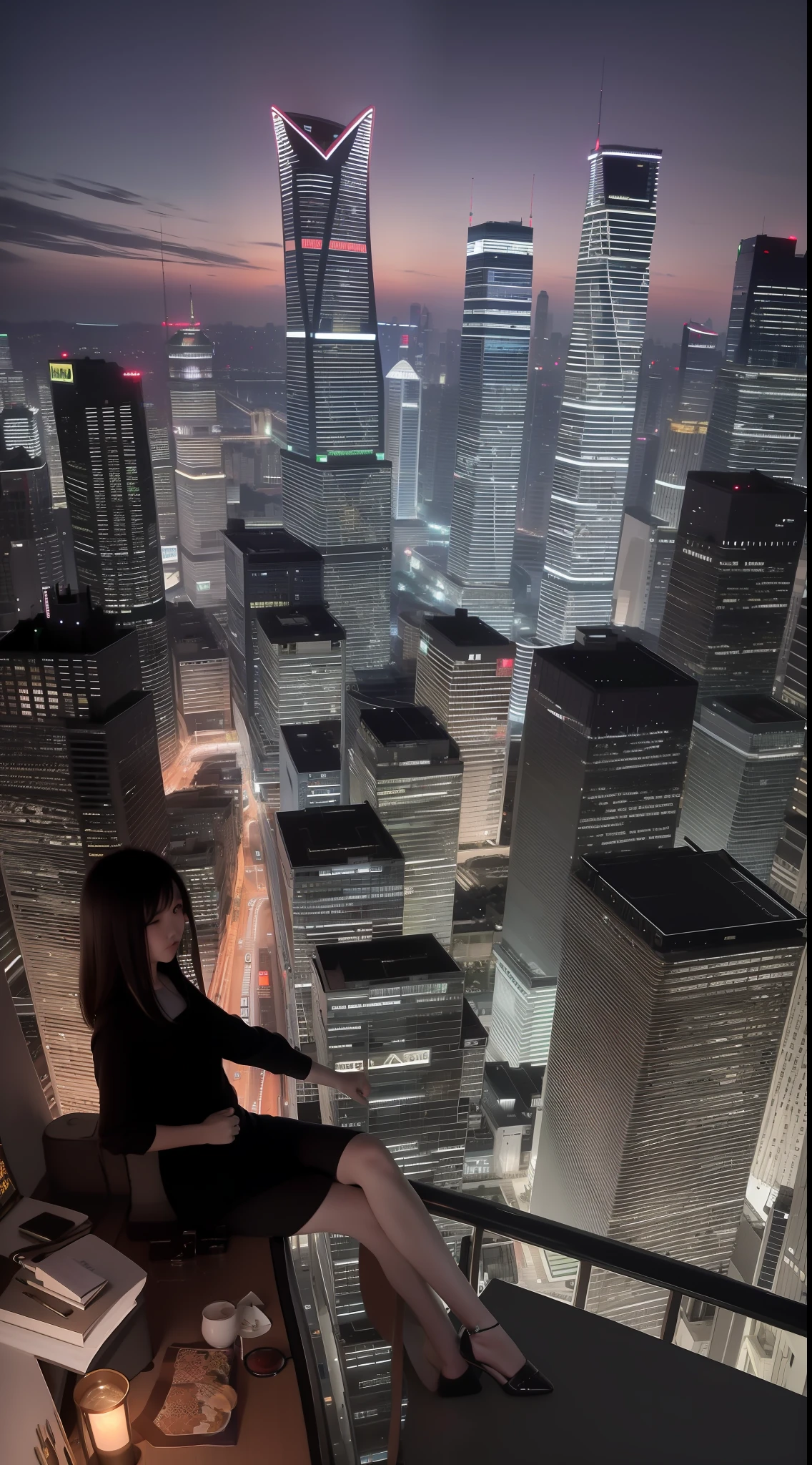 New Year's summer night,A city in Shanghai, China,Aesthetic shooting,Shooting at night,A Chinese girl sits on deck,Behind it is the bridge and the city skyline,On the roof of Tokyo Night View,Great view on summer nights,complete view。 --auto