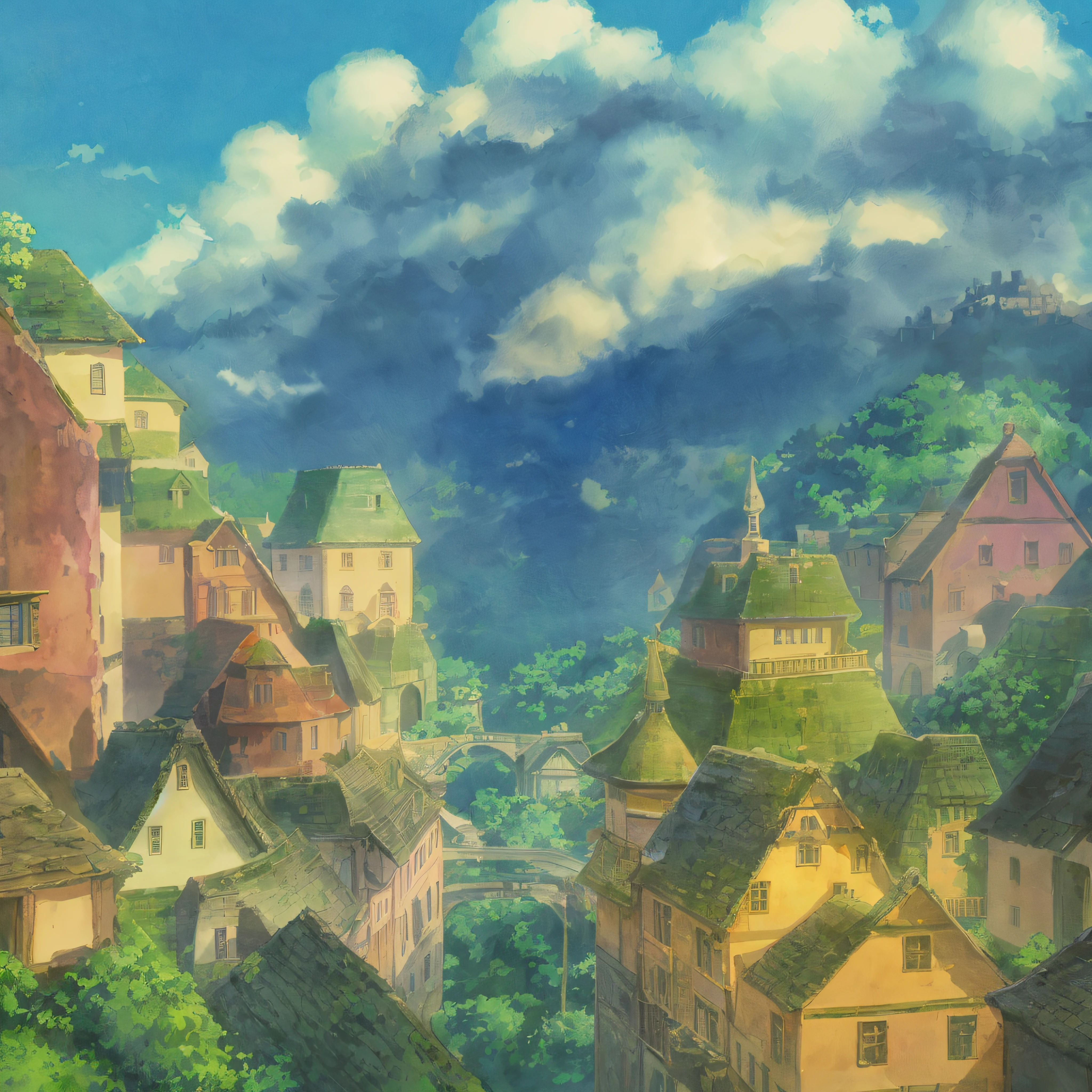 animesque、landscapes、Studio Ghibli、Ghibli、Scenery、Style、Art styles、Stone structure、A city scape、Overhead view