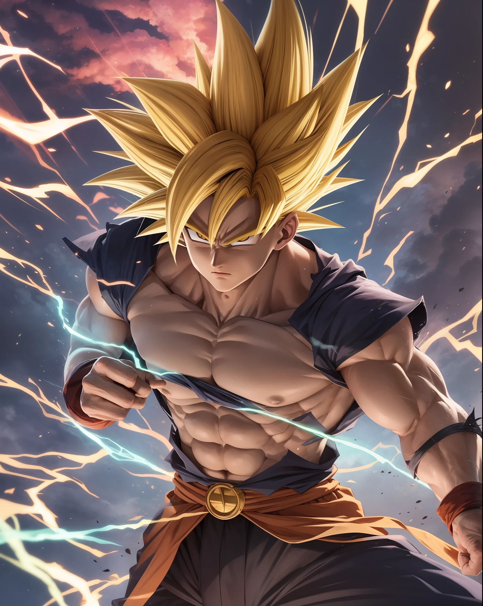 Goku super Sayajin 4, pelagem vermelha, rabo, energia saindo do corpo, cabelo voando com raios de energia, cabelo de fogo, Amazing image, estilo anime