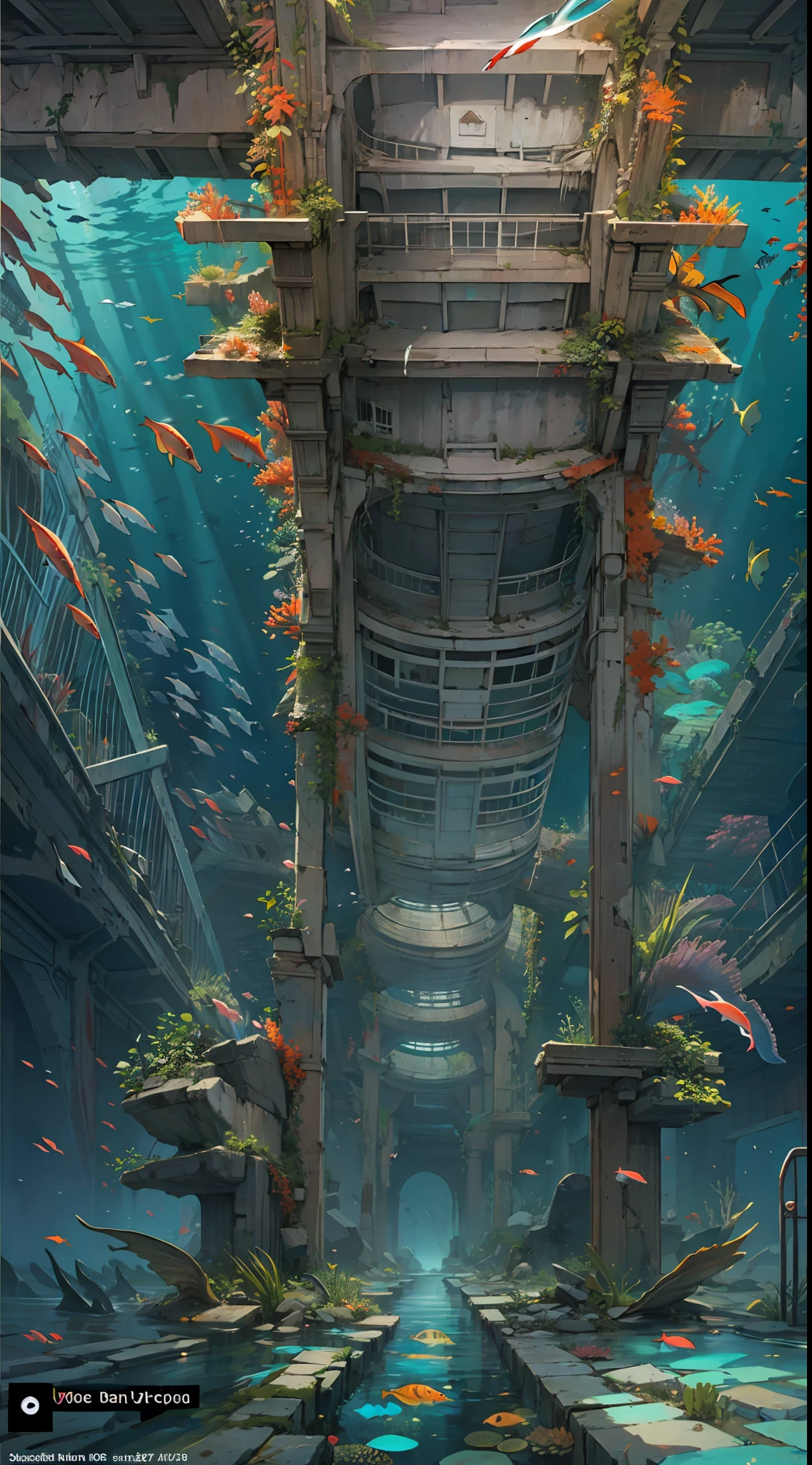 (down view:1.4),((best qualtiy)), ((tmasterpiece)), (A detailed:1.4),(Under the water:1.4),Enhanced dynamic perspective,((Underwater world:1.4))、(Marine life)、((Beautiful coral reef,Sea sand covers the seabed))、(Huge underwater ruins:1.3),Sea monsters loom in the ruins,Bright colors,dream magical,optic,high qulity,super-fine,Detailed pubic hair,Accurate,Cinematic lighting,, hdr(HighDynamicRange),Ray traching,Hyper-Resolution,
