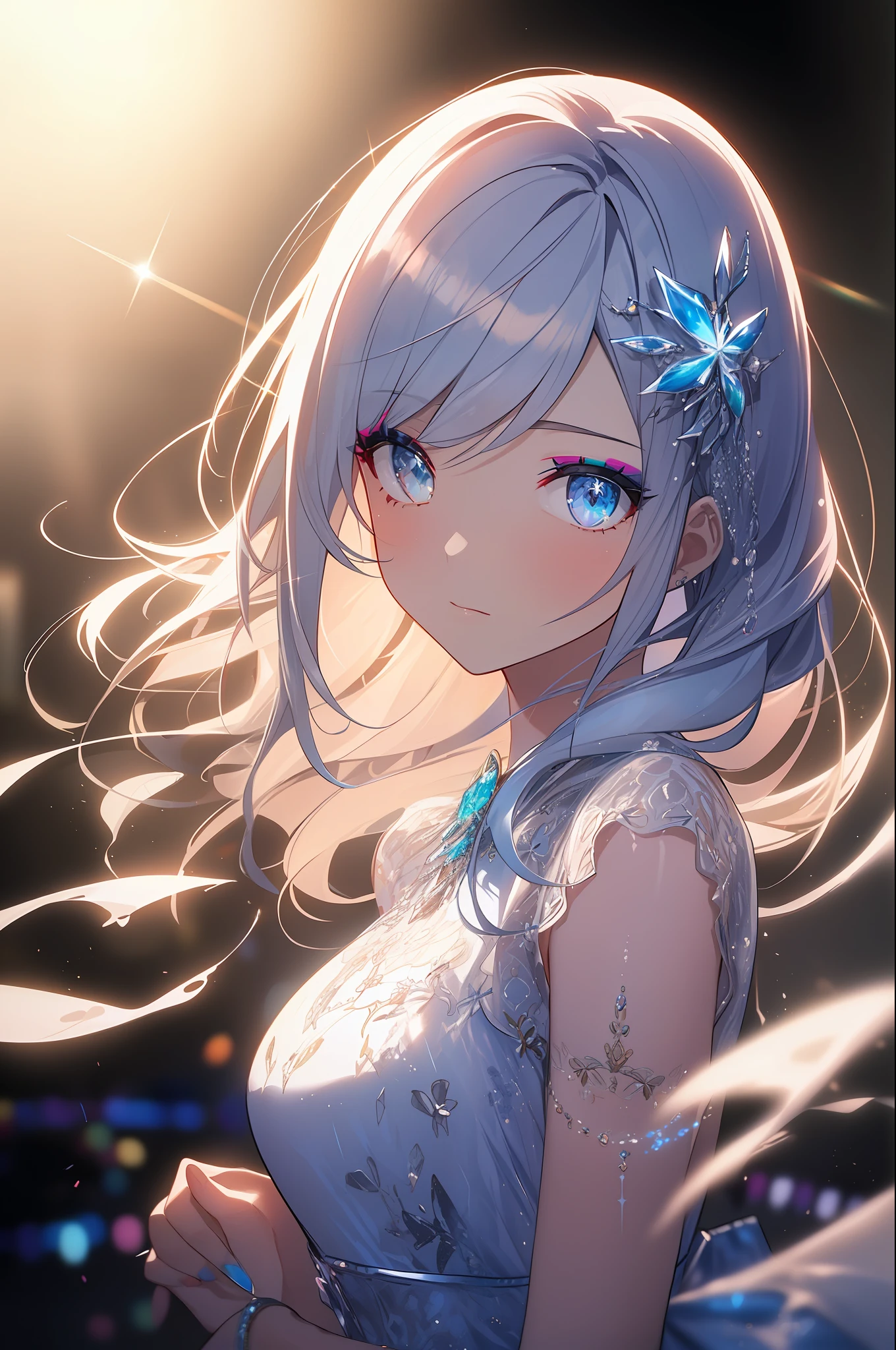 (Masterpiece:1.2), best quality, (illustration:1.2),(Masterfully crafted Glow, lens flare), (ultra-detailed), hyper details, (delicate detailed), (intricate details), (cinematic light, best quality Backlights), clear line, solo female, solo female, perfect body, (1girl), (bioluminescent hair:1.2), (glowing eyes), (Dynamic:1.2), ((makeup)), high contrast, (best illumination, an extremely delicate and beautiful), ((cinematic light)), colourful, powerful, (Cinematic masterpiece), Stick figure, splashes of colour, absolutely eye-catching, ((colourful paint splashes on background, dulux,)), ((caustic)), dynamic angle, beautiful detailed smoke, (Captivating),(Intricately Detailed Cinematic background:1.1), ambient occlusion, ambient light, ray-traced reflections, gem, sparkle, radiant aura, glowing hair