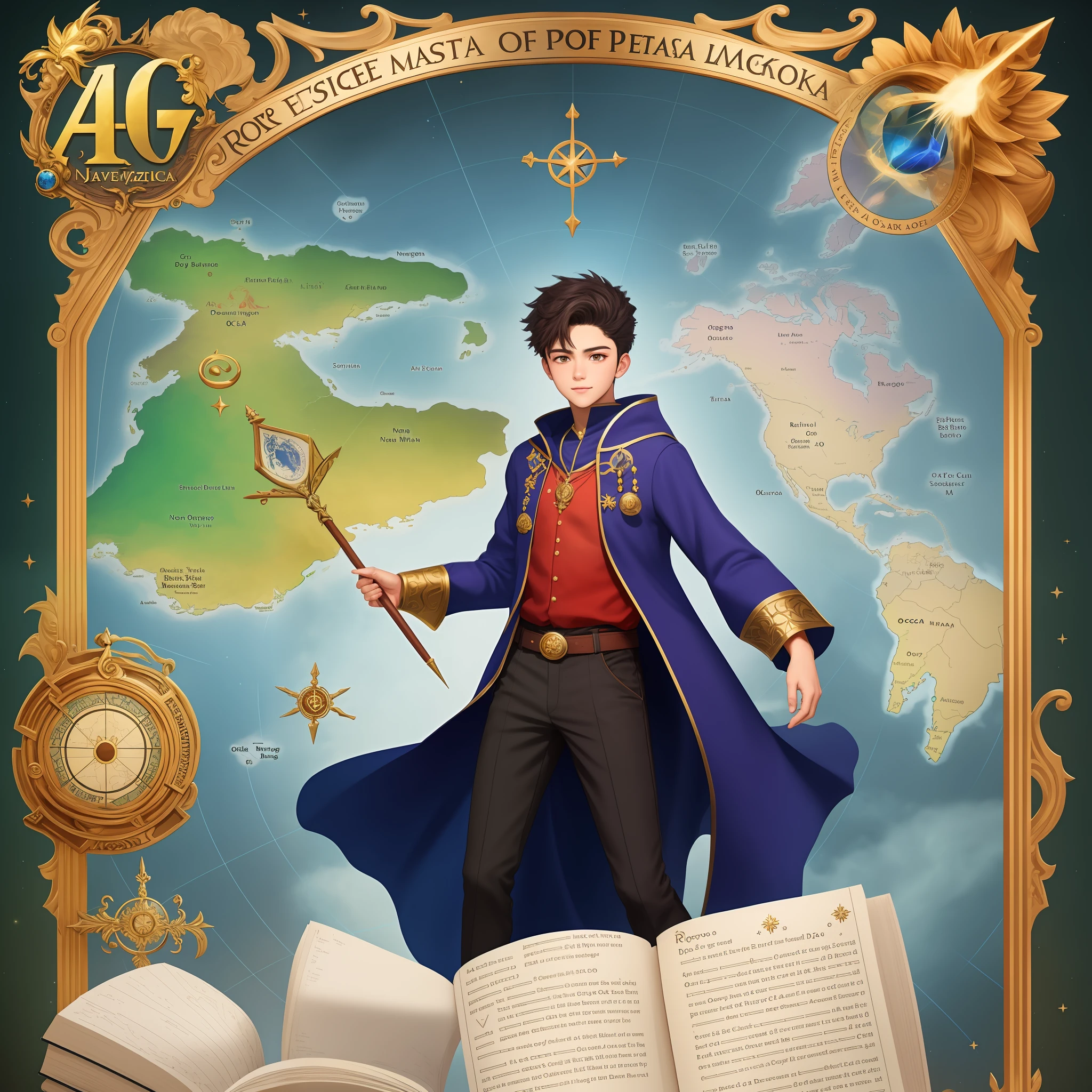Image of a 17-year-old boy who is a magical and good wizard, Roypa de Nago Poder, saindo de dentro de um livro, Coming out of a map Dramatic pose from the book of reading spells, jovem bruxo, Magic Map Book, (octan render) estilo fantasia, Wiccano, fantasy book illustration, Ultra realista, estilo oscar de nelhkr efeito, 8K High Definition