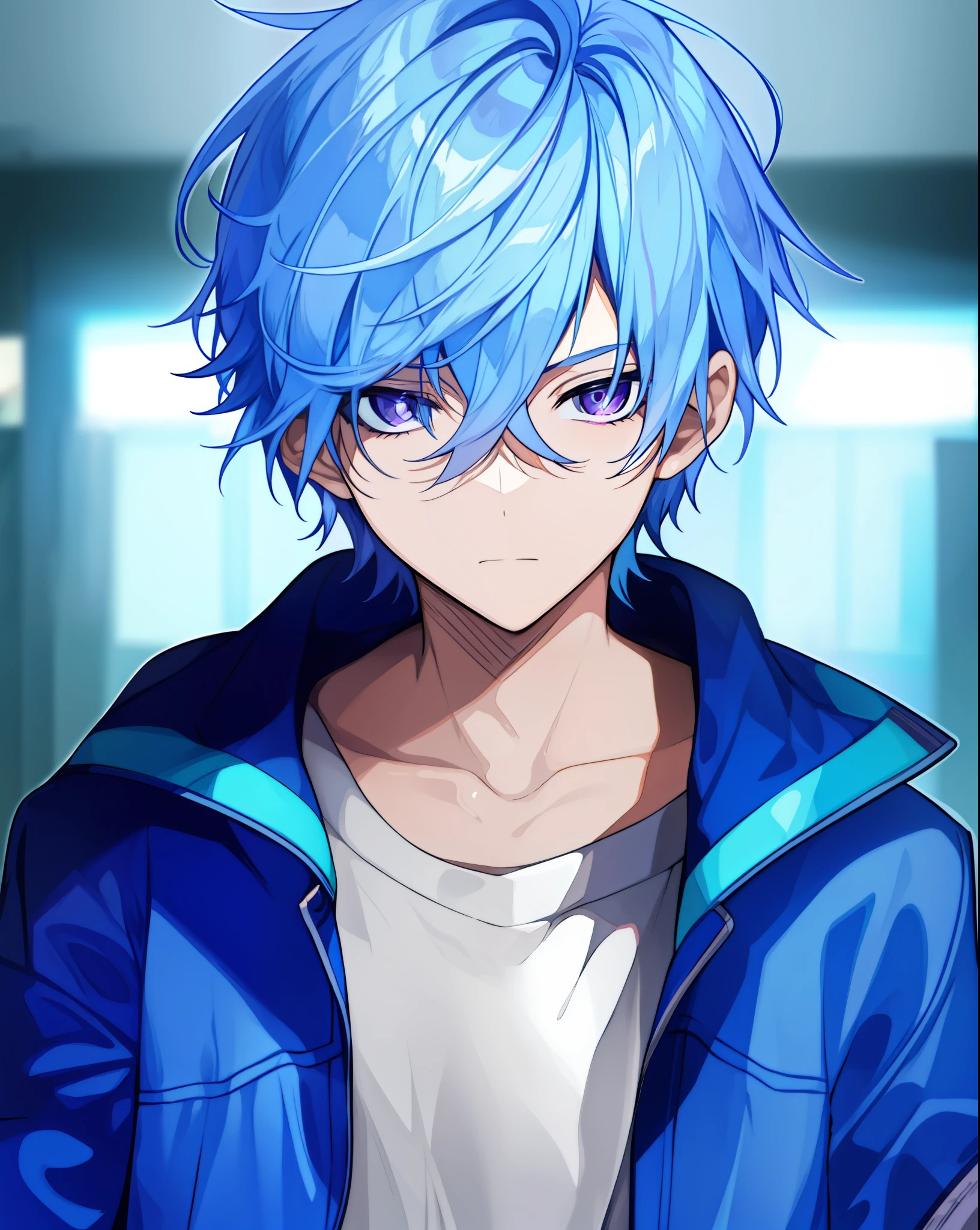 teenage male with purple eyes and blue hair, bored, very bored, bored facial expression