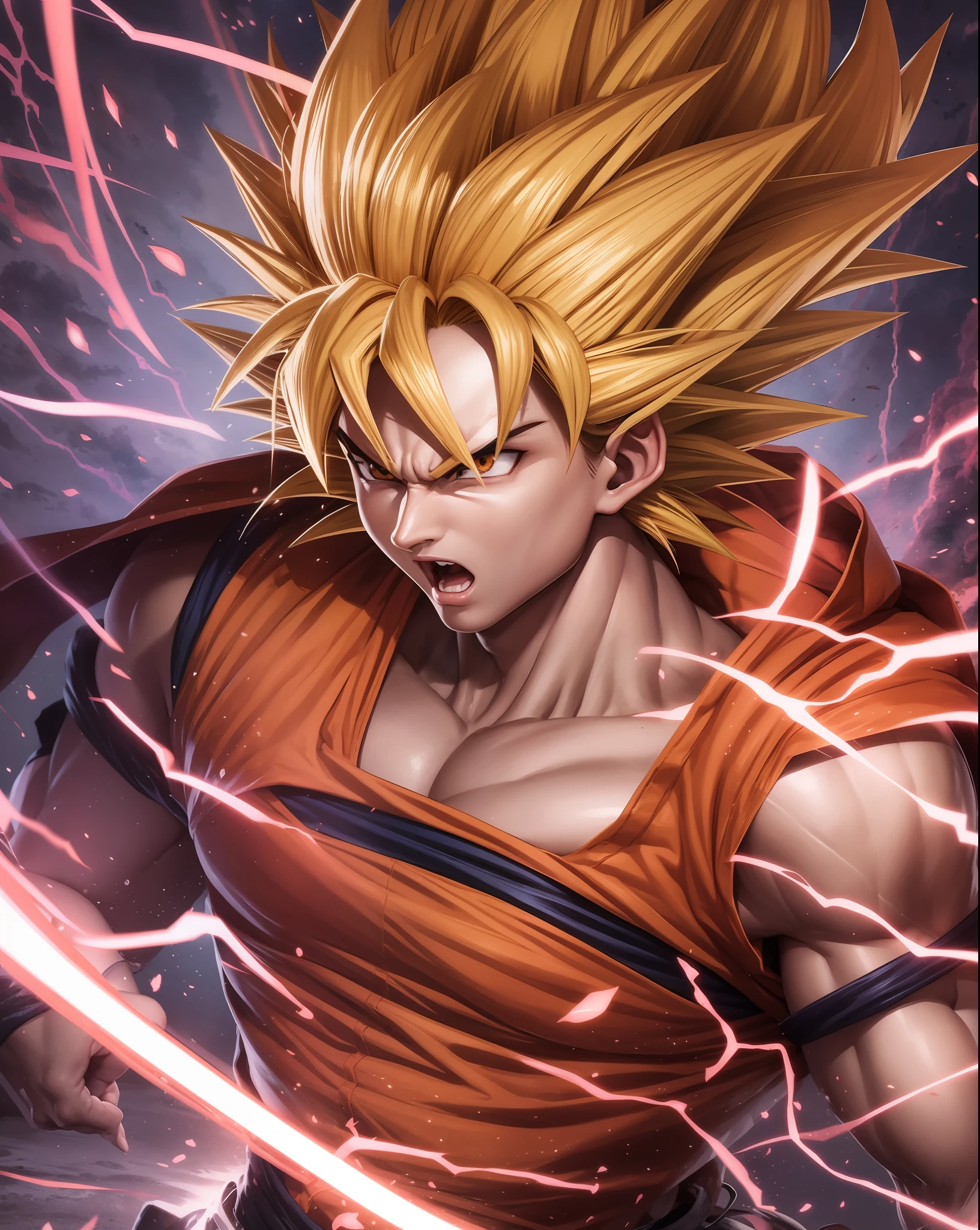 Goku super Sayajin 4, pelagem vermelha, rabo, energia saindo do corpo, cabelo voando com raios de energia, cabelo de fogo, Amazing image, estilo anime