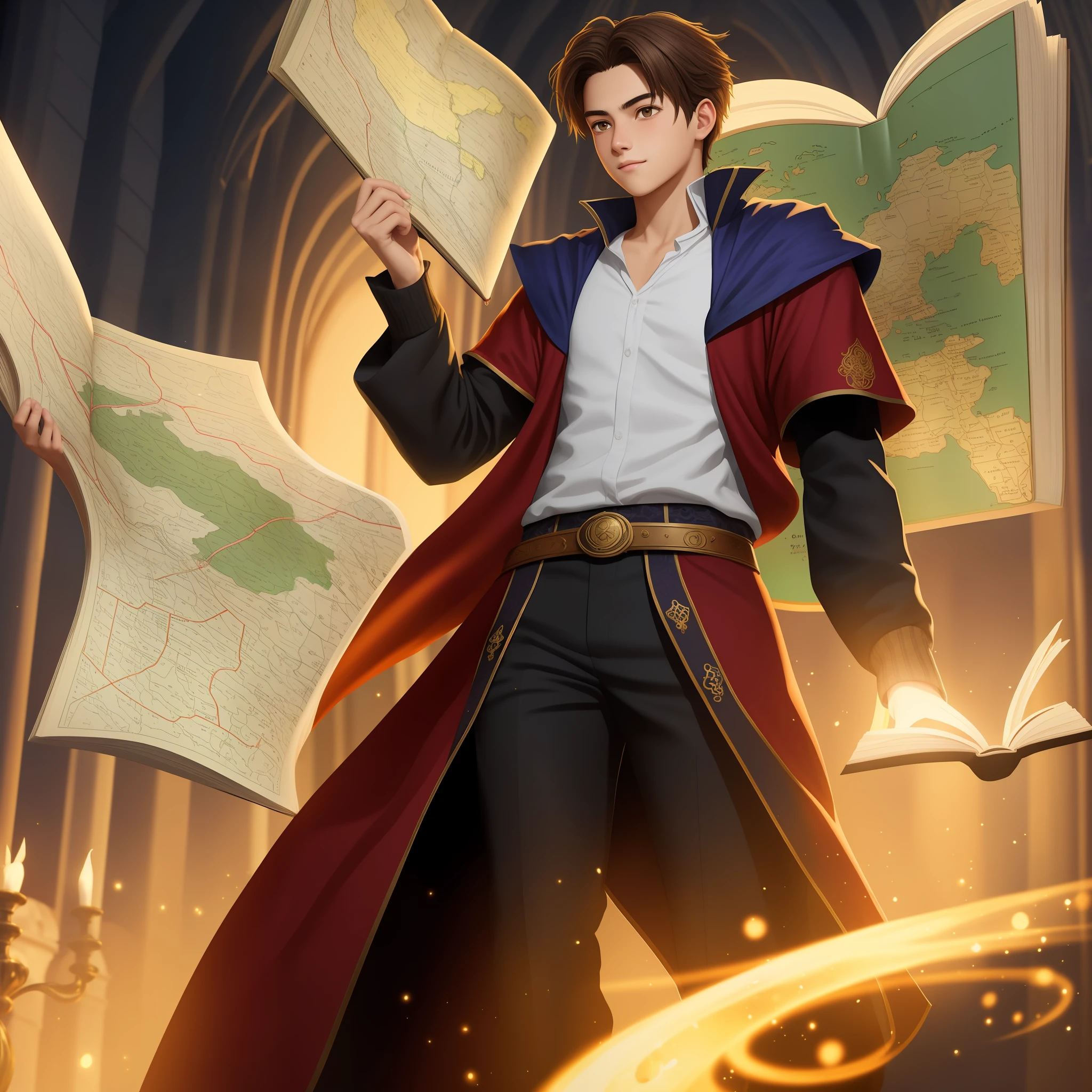 Image of a 17-year-old boy who is a magical and good wizard, Roypa de Nago Poder, saindo de dentro de um livro, Coming out of a map Dramatic pose from the book of reading spells, jovem bruxo, Magic Map Book, (octan render) estilo fantasia, Wiccano, fantasy book illustration, Ultra realista, estilo oscar de nelhkr efeito, 8K High Definition
