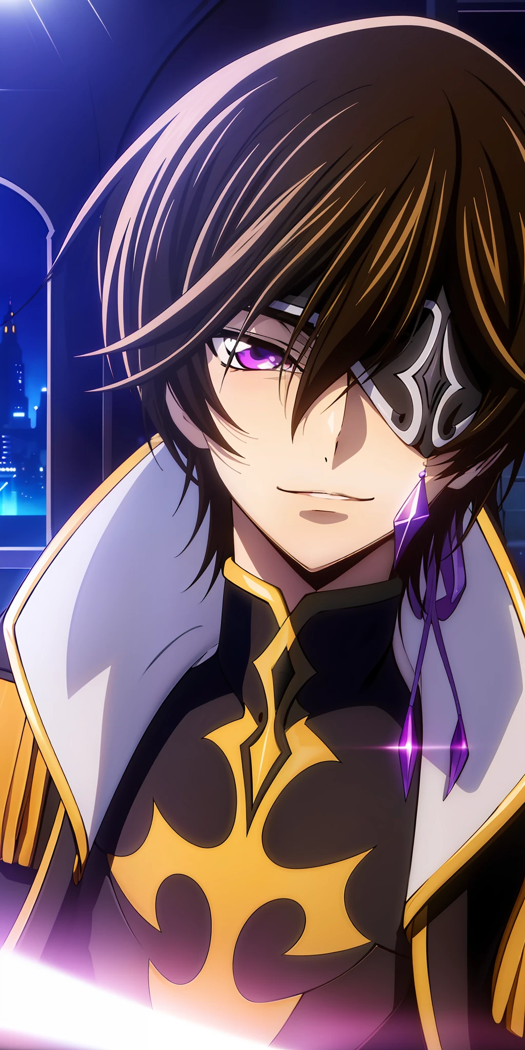 (Night:1.7), Castle,
sitting at attention,sitting on throne,(Close-Up),
yellow and black outfit ,holding_staff,black coat,
lelouch_lamperouge,
black_hair,purple_eyes,
1 man, 20yo,male,Beautiful FingerBeautiful body,Beautiful Nose,Beautiful character design, perfect eyes, perfect face,
looking at viewer,
NSFW,official art,extremely detailed CG unity 8k wallpaper, perfect lighting,Colorful, Bright_Front_face_Lighting,
(masterpiece:1.0),(best_quality:1.0), ultra high res,4K,ultra-detailed,
photography, 8K, HDR, highres, absurdres:1.2, Kodak portra 400, film grain, blurry background, bokeh:1.2, lens flare, (vibrant_color:1.2)