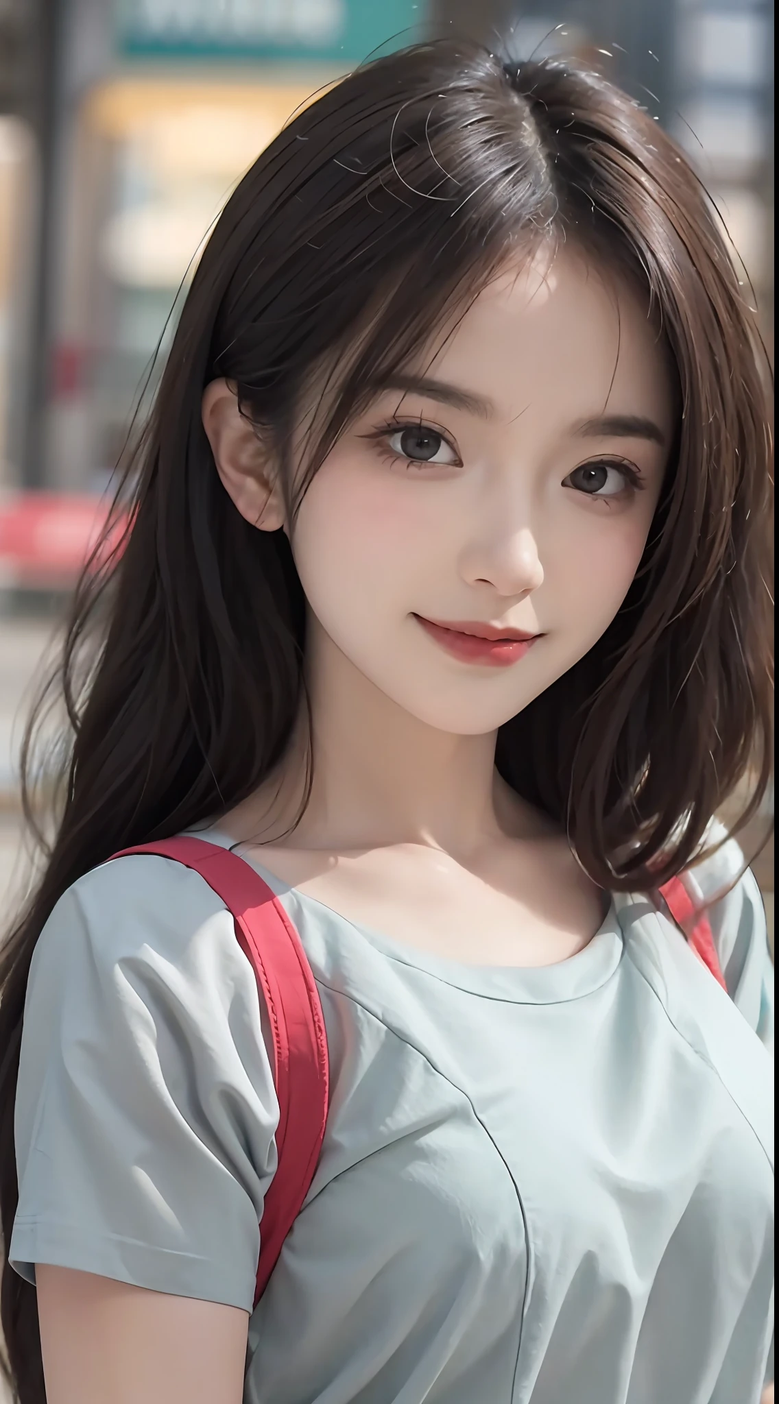 (RAW photogr:1.2), (Photorealistic:1.4), 1girll, 18 years old,adolable，a baby face，The most beautiful girl,Goose egg face，Oval face，Fleshy on the face，Good facial features，（Sweet, funny and charming smile：1.2），The smile and eyes are captivating and attractive，Beautiful Meticulous Girl, very detailed eyes and faces, Beautiful detailed eyes, ultra - detailed, A high resolution, The is very detailed，best qualtiy，tmasterpiece，illustratio，The is very detailed，CG，unified，8K wallpapers，finely detailled，tmasterpiece，best qualtiy， Wallpapers，light in face，Movie lighting，Headshot，Attractive sexy expression， Match the brand：Mango top：Mint green loose short sleeve T-shirt（No leakage），（Close-up of emoji）The body is fleshy，（looking to the camera）,Random fashion hairstyle，hair flowing，perfect body figure，Dynamic posture，（Close-up view），Highlight the attractive expressions of the characters，The background is a random different seaside。