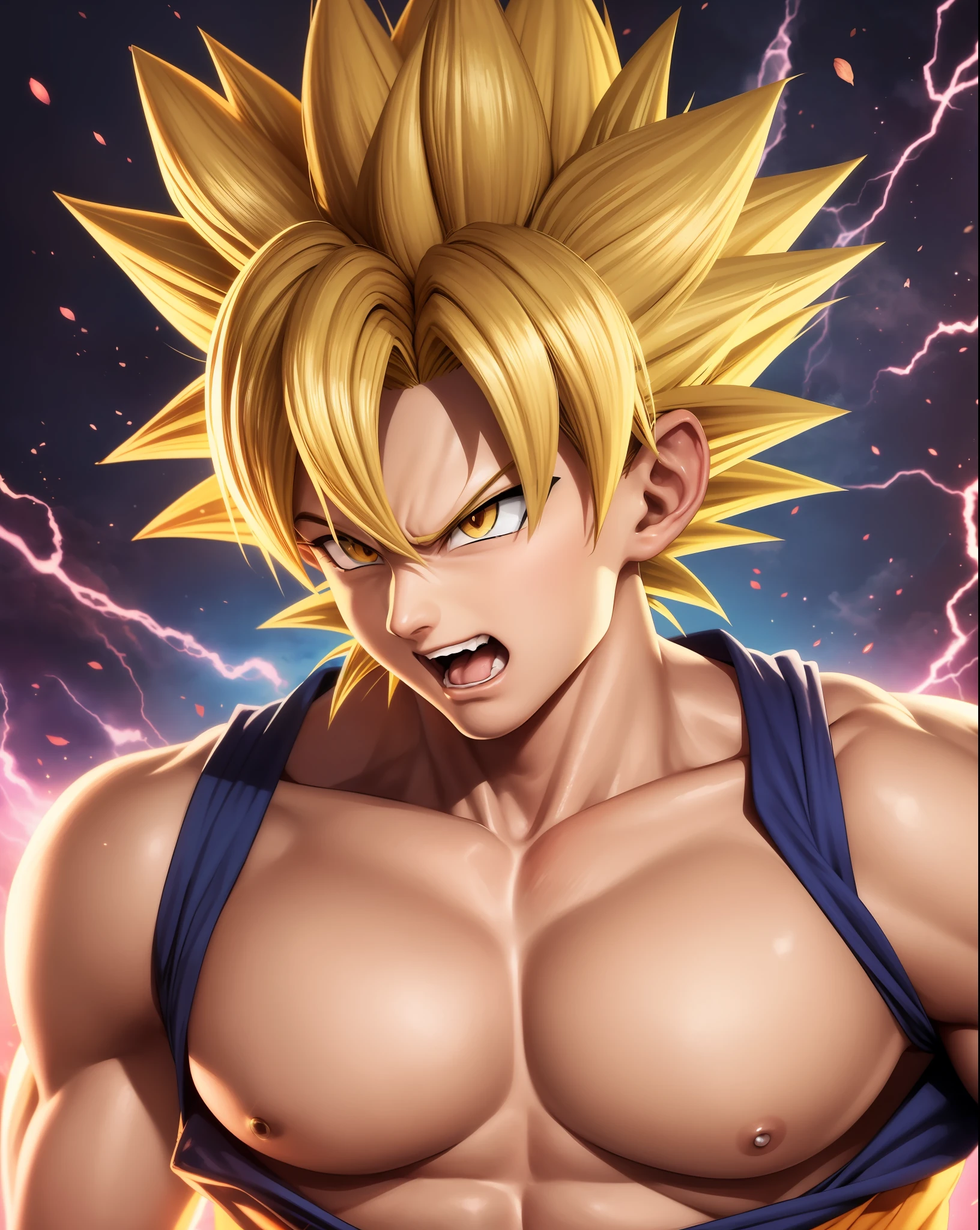 Goku super Sayajin 4, pelagem vermelha, rabo, energia saindo do corpo, cabelo voando com raios de energia, cabelo de fogo, Amazing image, estilo anime