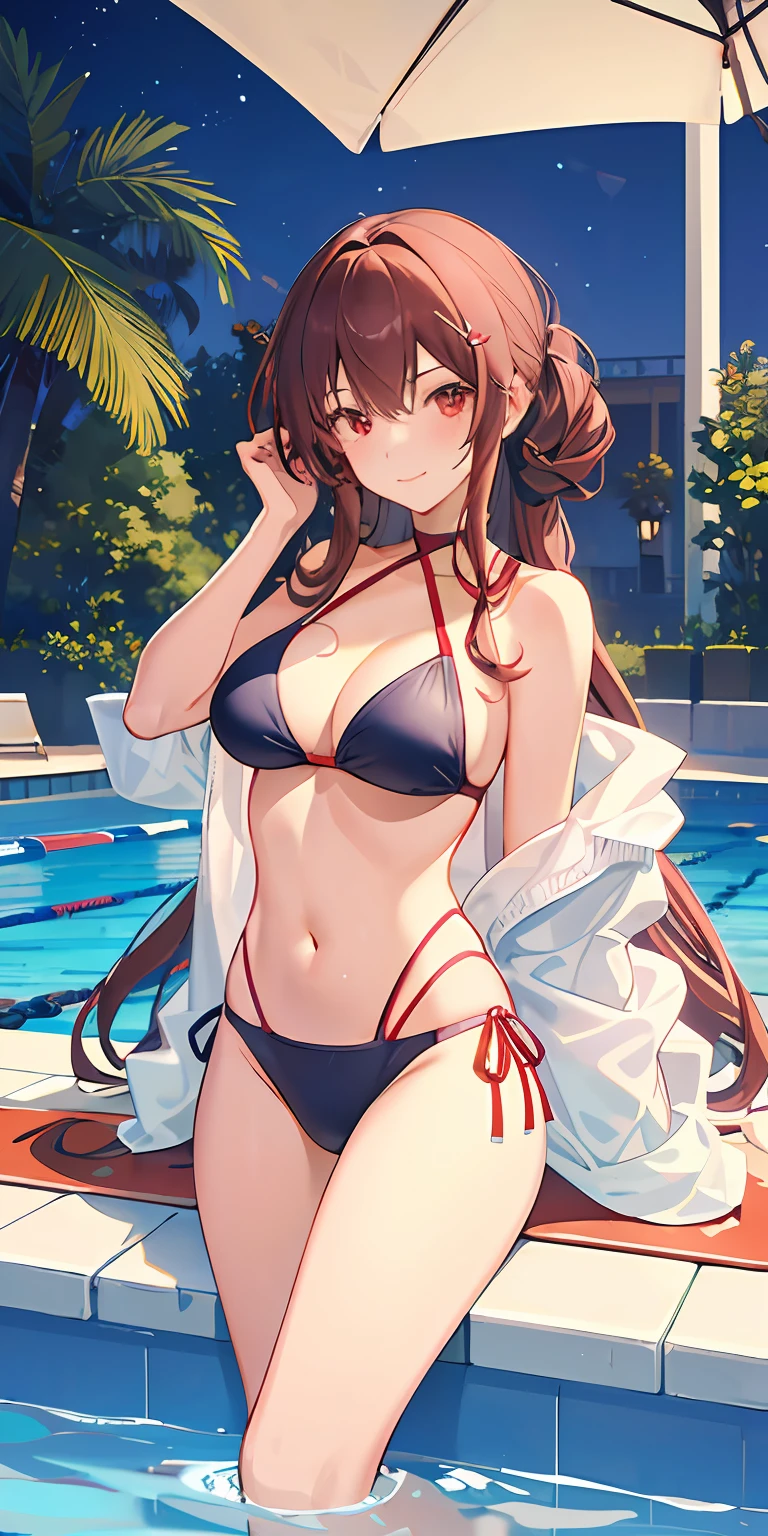 (Masterpiece:1.2, high quality), (pixiv:1.4), (1girl:1.2), (solo:1.2), (shenqi:0.6), ,
kasumigaoka utaha,Mature female body,red eyeshadow,large breasts, swimsuit under clothes, white hairpin,red eyes,blush,smirk,
out door,Swimming pool, top floor, (night:1.5), stars, lights, plants, potted plants, luxurious swimming pool,There are many beautiful girls in bikinis in the background