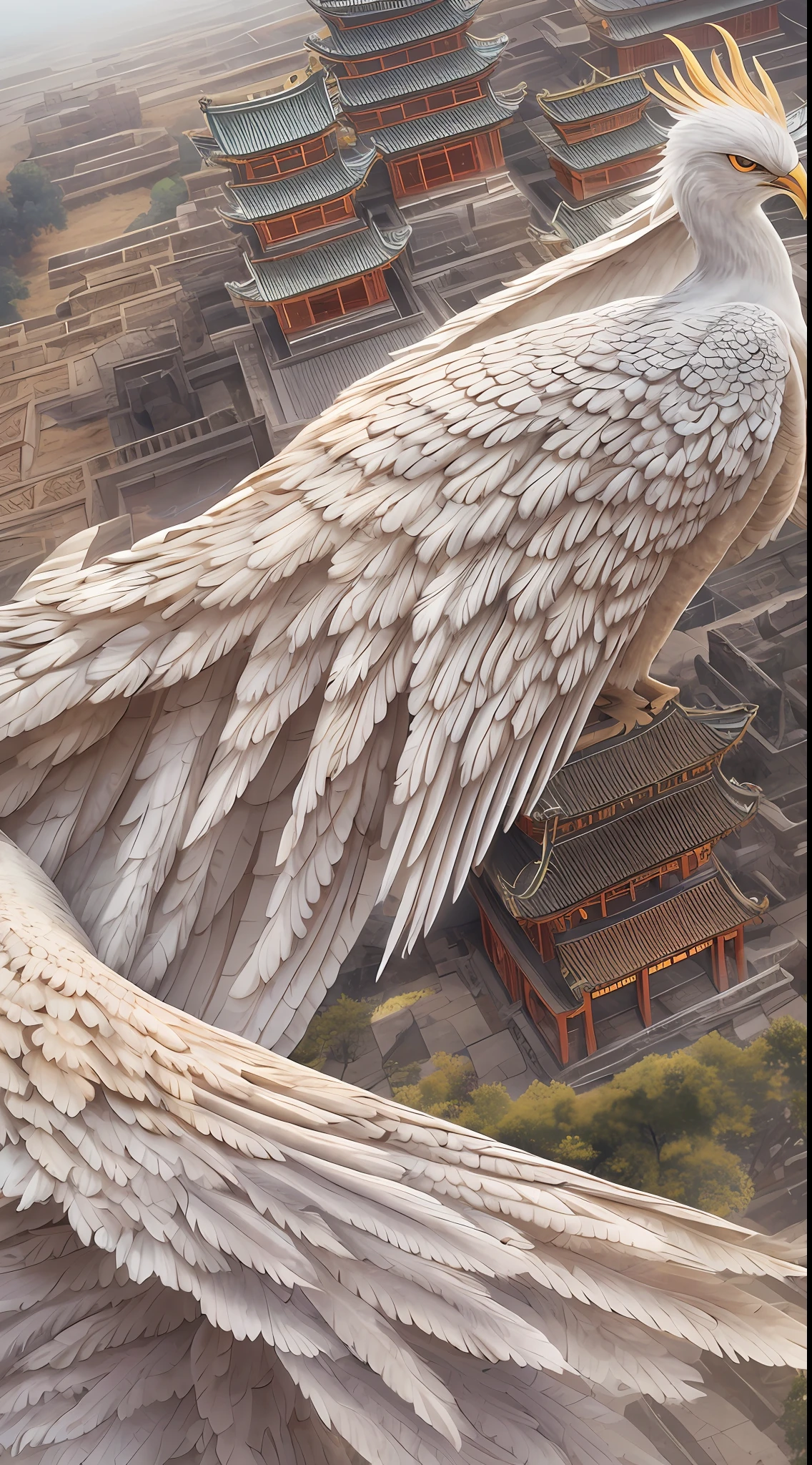 Highest image quality，hyper HD，tmasterpiece，A white phoenix，（Spread your wings in the sky：1.3），（orthofacial：1.3），（对称：1.3），Phoenix face face delicate details，Rich picture layers，clear silhouette，facial closeups，big breasts beautiful，（Aerial view of ancient Chinese architectural complex：1.3)，Perfect details，octaneratingrendering，Fantastic highest image quality，hyper HD，tmasterpiece，Beautiful CG，best qualtiy，Highest image quality，A high resolution，k hd，16k，8k，UHD，HDR，HD，（Do not appear in human form：1.3）