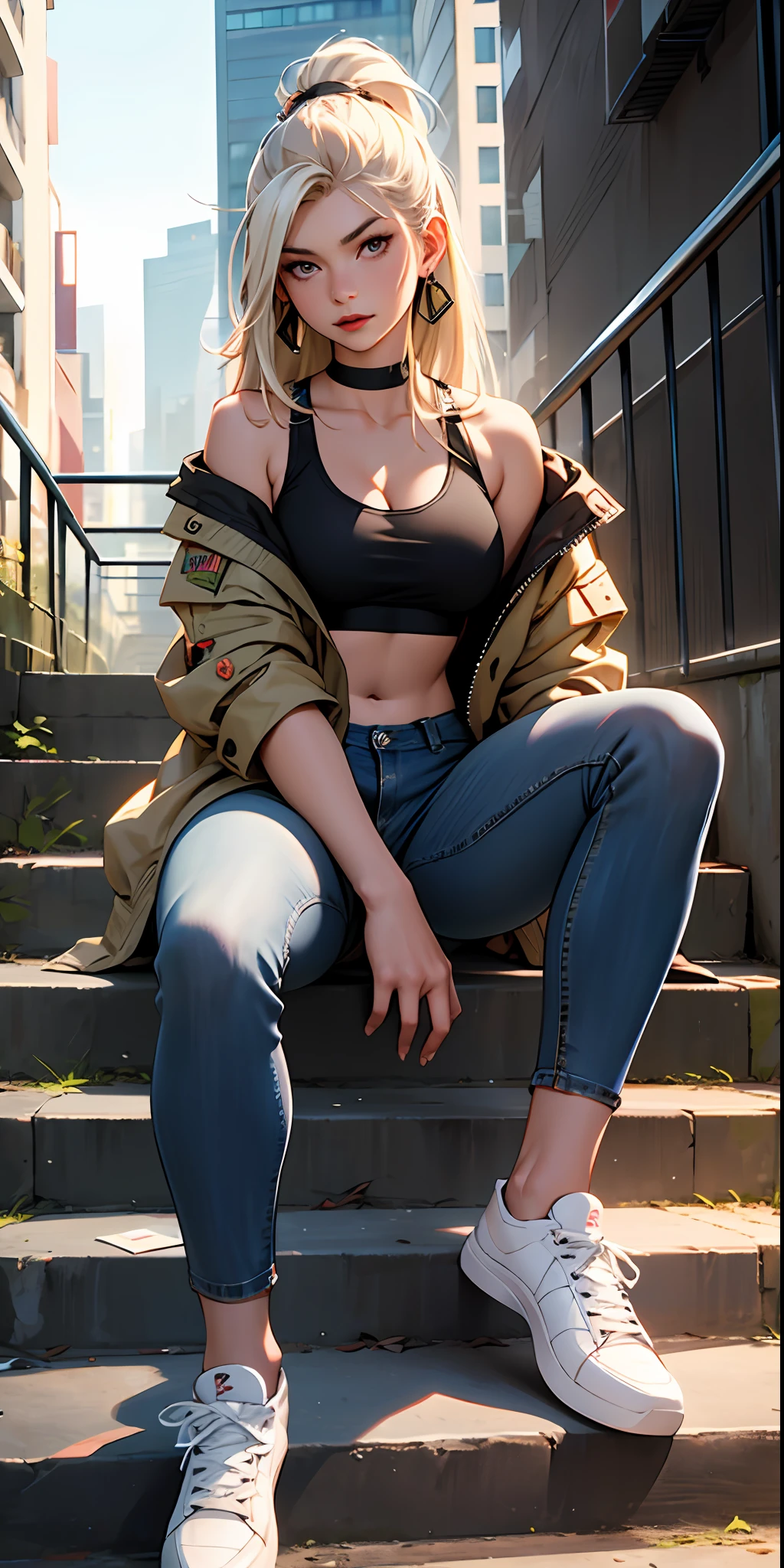 ​masterpiece、Top image quality、1人の女性、Beautiful woman sitting on the stairs、Legs wide open、Hands between the legs、(Military jacket、Stassi、Sportsbra)、Jeans shorts、Detailed facial expressions、Detailed eye、Detailed nose、Detailed red lips、爆乳、Female proportions considered everywhere、Skyscraper District、Sunset between buildings、Large circular earrings、beauty legs