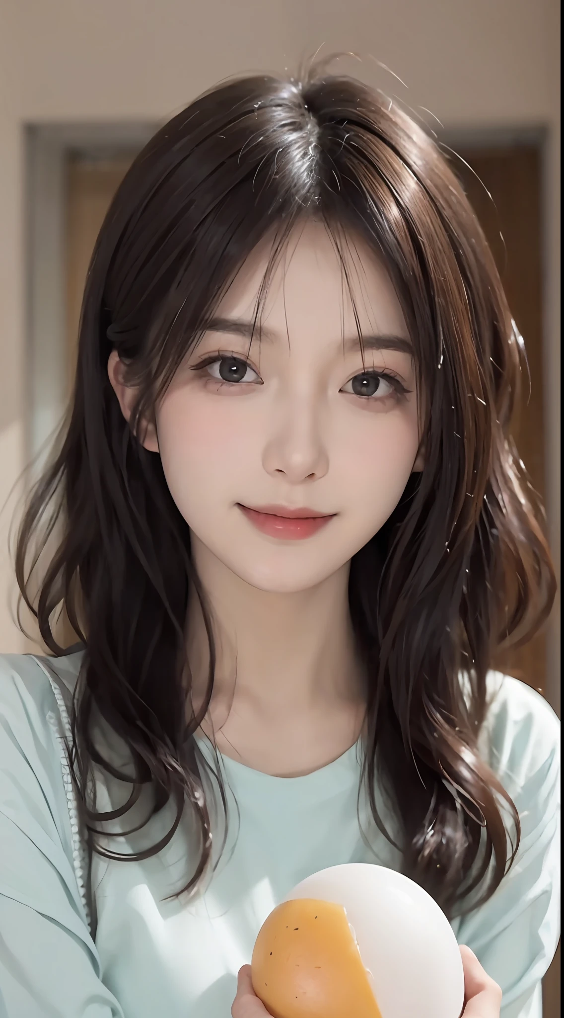 (RAW photogr:1.2), (Photorealistic:1.4), 1girll, 18 years old,adolable,a baby face,The most beautiful girl,Goose egg face,Oval face,Fleshy on the face,Good facial features,(Sweet, funny and charming smile:1.2),The smile and eyes are captivating and attractive,Beautiful Meticulous Girl, very detailed eyes and faces, Beautiful detailed eyes, ultra - detailed, A high resolution, The is very detailed,best qualtiy,tmasterpiece,illustratio,The is very detailed,CG,unified,8K wallpapers,finely detailled,tmasterpiece,best qualtiy, Wallpapers,light in face,Movie lighting,Headshot,Attractive sexy expression, Match the brand:Mango top:Mint green loose short sleeve T-shirt(No leakage),(closeup of face),(Expression dynamics)(Close-up of emoji:1.2)The body is fleshy,(looking to the camera),Random fashion hairstyle,hair flowing,perfect body figure,Dynamic posture,(Close-up view),Highlight the attractive expressions of the characters,In the background is a random different bedroom。