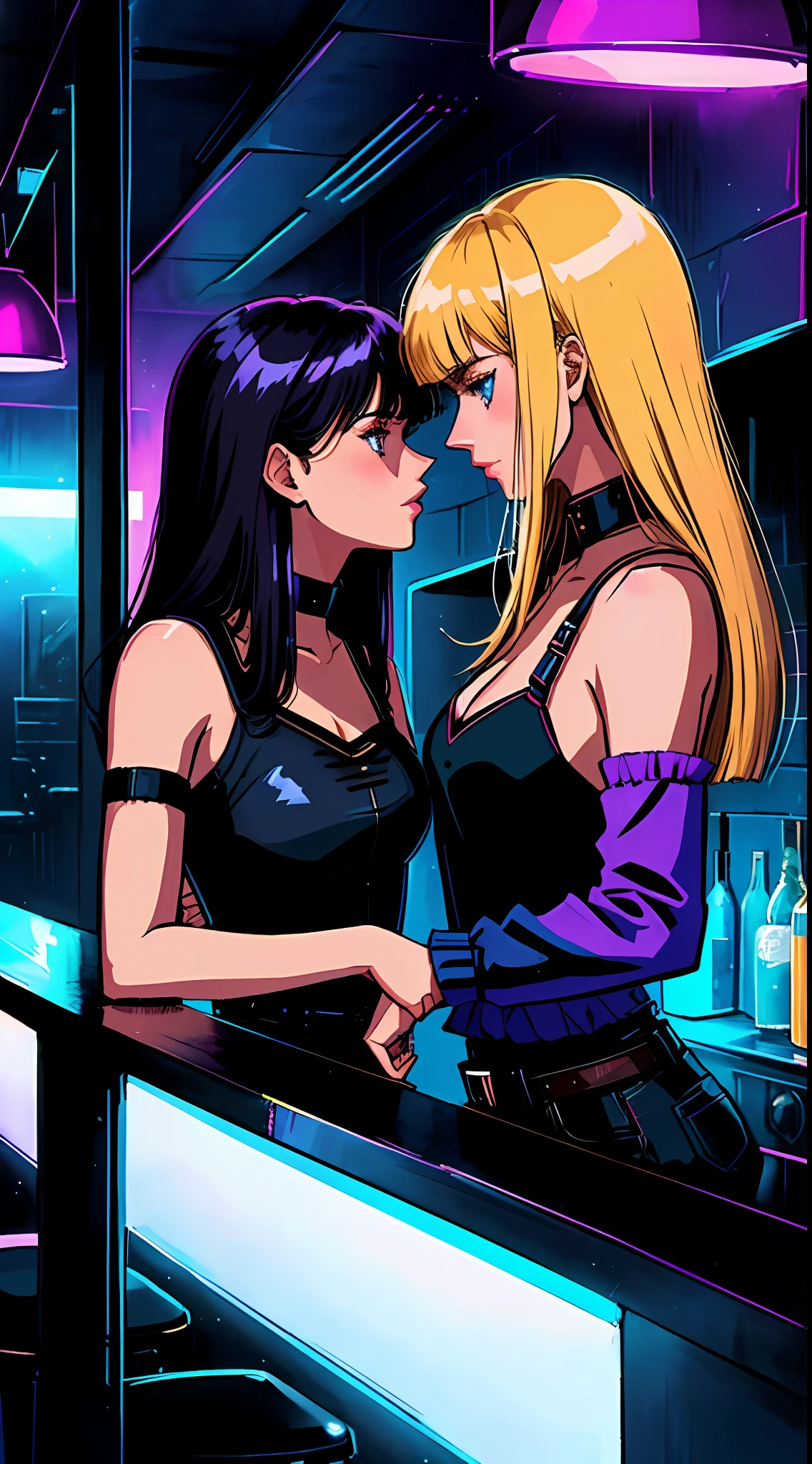 (intense atmospheric lighting, 80s inspired art style), dystopian, bar, (2 girls), girlfriends, (black hair, one-side bang:1.2, medium length), blue eyes, (blonde hair, ecchi, yuri), dark tone. kissing