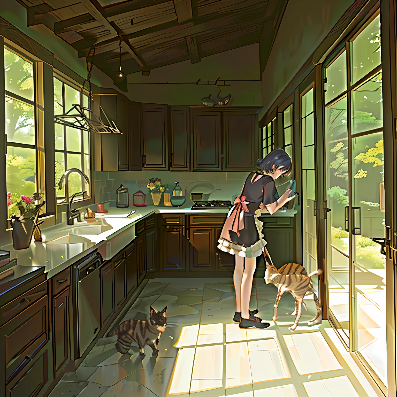 A cat washing dishes