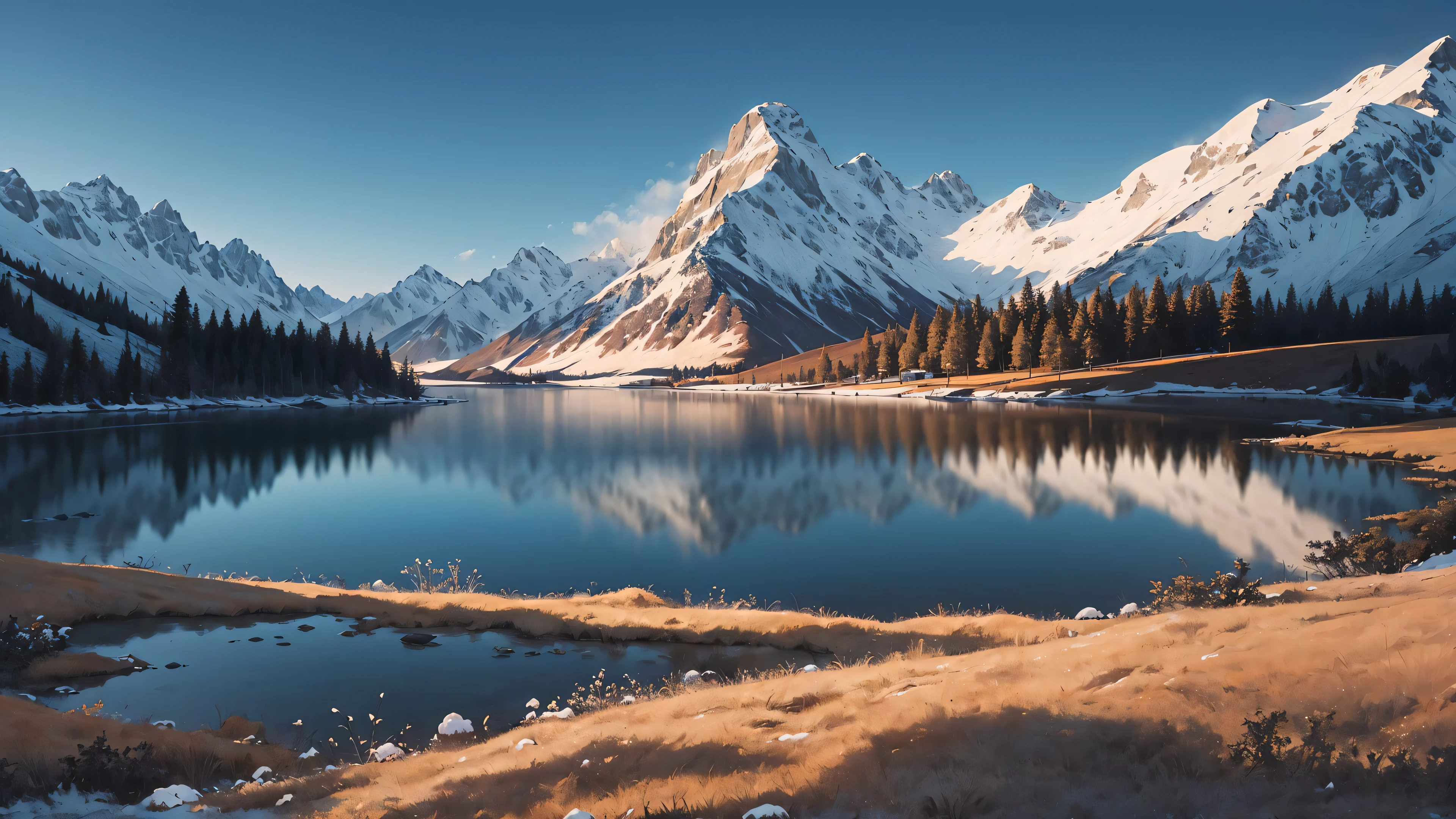 masterpiece, highres, original,extremely detailed 8K wallpaper, an extremely delicate and beautiful,(nature:1.2),(Vast grassland),(sakura:0.5),(hilltop|Snow cover:0.7),(lake:0.7),(reasonable),beautiful detailed sky,masterpiece,wide shot,cinematiclighting,beautiful detailed water,no humans,detailed background,