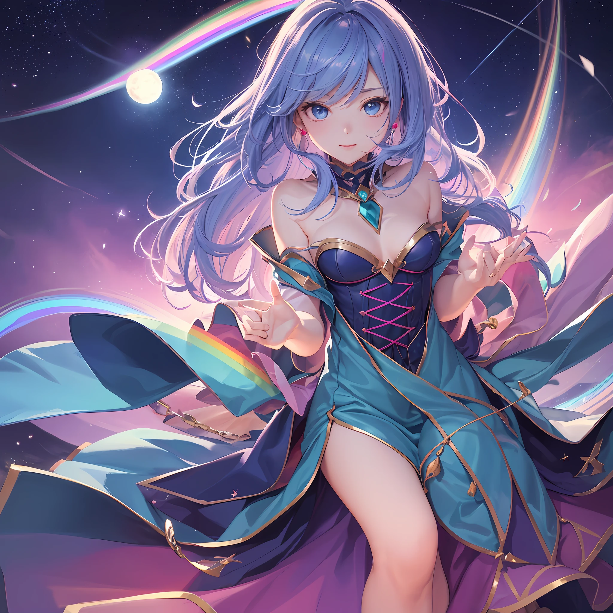 Dark Magician Girl、MKSKS style、2guys、(highly detailed back ground:1.0)、(highly detailed back ground:1.0)、masterpiece、top-quality、An ultra-high picture quality、in 8K、Blue eyes、From above、Put your hands between your legs、The upper part of the body、Sitting in a plush chair、Twisting the body、Hair ornament with emerald、Reddish cheeks、Smiling、(1/2 pink and 1/2 Light blue hair、rainbow-colored hair)、(Colorful dress with a lot of draping、Rainbow dress:1.3)、Fur muffler、Silver necklace、Silver bracelet、Bad hands, bad finger, Missing fingers, Extra fingers、(Blowing in the wind:1.4)、(Ray-like pattern:1.4)、Aurora、night sky full of stars、shooting stars、fullmoon、natta --auto
