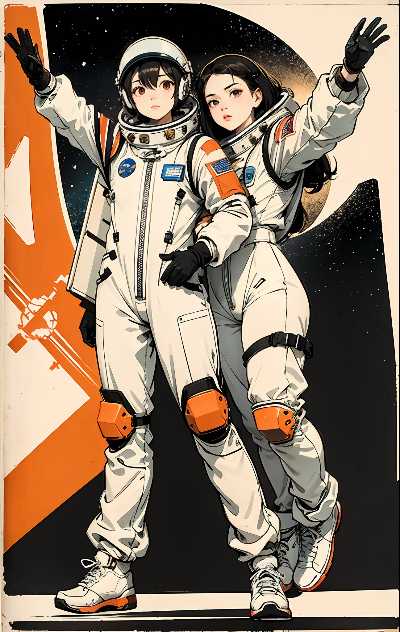 1girl, flat chested, cute, beautiful detailed eyes, shiny hair, visible through the hair, hair between the eyes, CCCPposter, sovietposter, red monochrome, Soviet poster, USSR, communism, black hair, red eyes, vampire ,girl,small breasts,spacesuit:Orange_clothing_body:jumpsuit ), white_gloves, white_space shoes, white_helmet, CCCP scarlet letters on the top of the helmet, weightlessness, Side light, reflection, the person in the spacesuit is at the bottom left of the picture, right hand outstretched, right hand Gently touch the Salyut space station), the space station in the upper right corner of the screen, the reflected light of the sun, silver metal, red flag, brilliance, Soviet style, diffuse reflection, metal texture, blue earth in the distance, mech style, star sea, high-profile, majestic