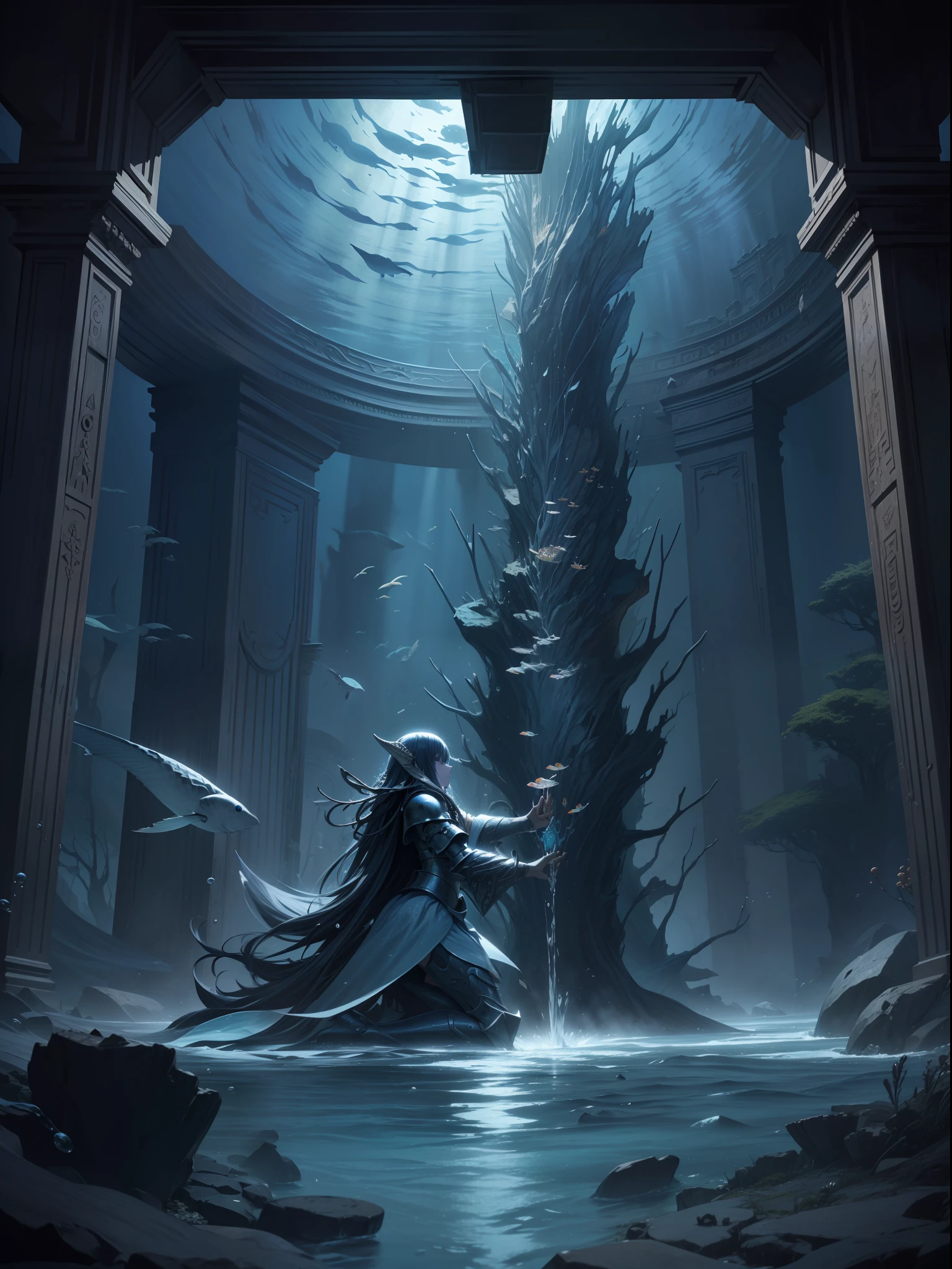 The highest image quality、​masterpiece、超A high resolution、Inside the underwater temple、((Empty Throne))、(Fishman in kneeling scale armor)、collapse、abyssal、The wall is breached and water comes in、Deep-sea fish、ocean floor、Water depth 1000ｍ、Light does not reach